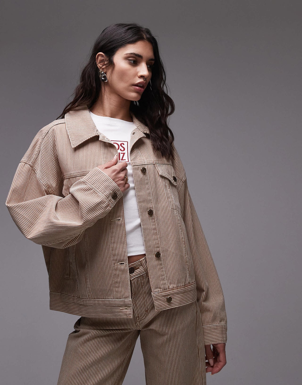 Topshop Balloon denim jacket in tan stripe