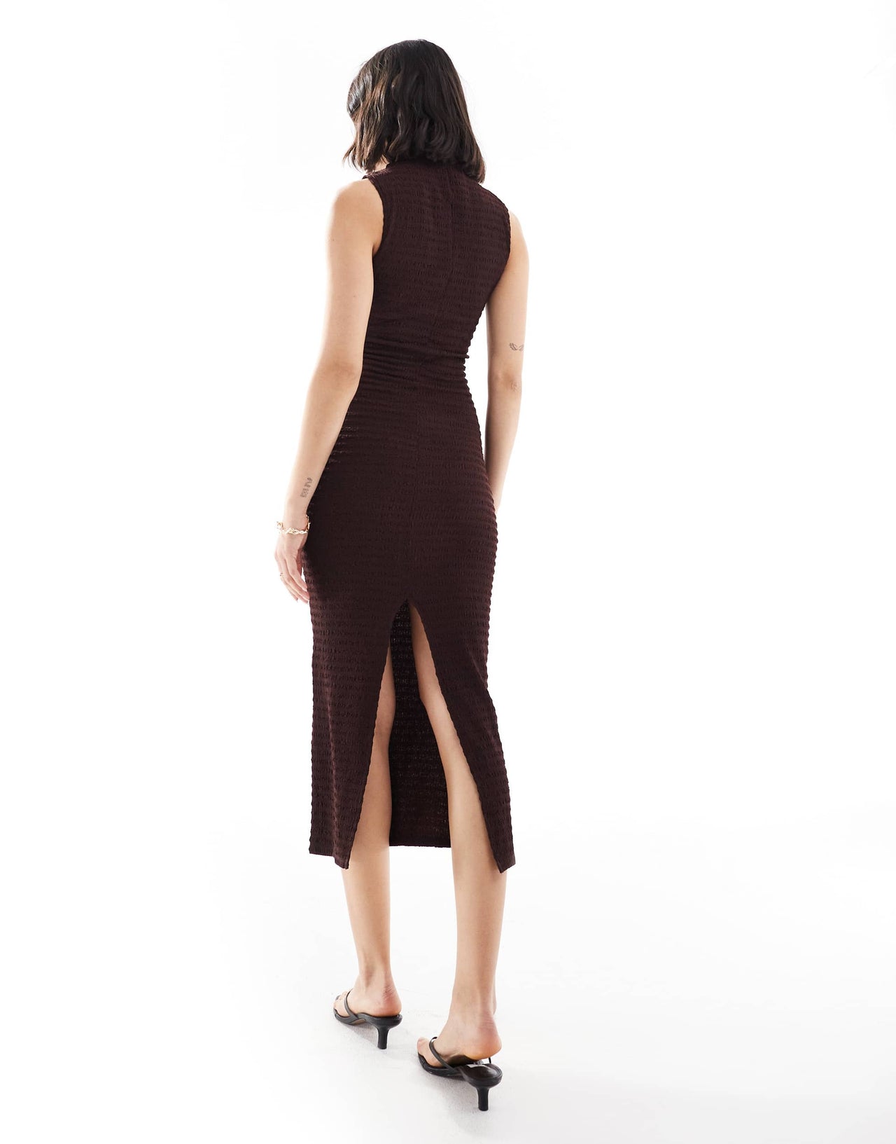 Bershka textured high neck maxi dress in brown