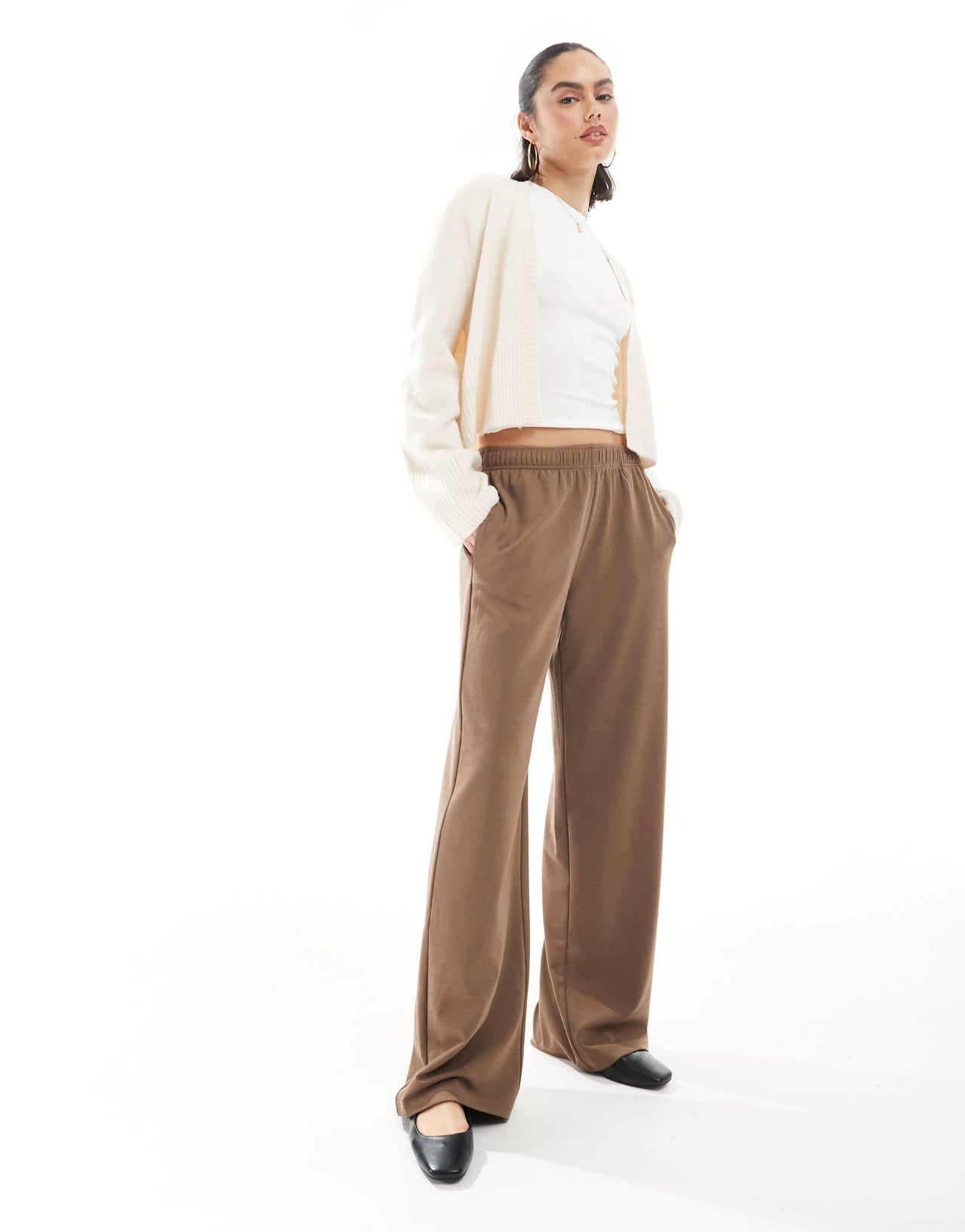 Bershka wide leg soft knit joggers in brown