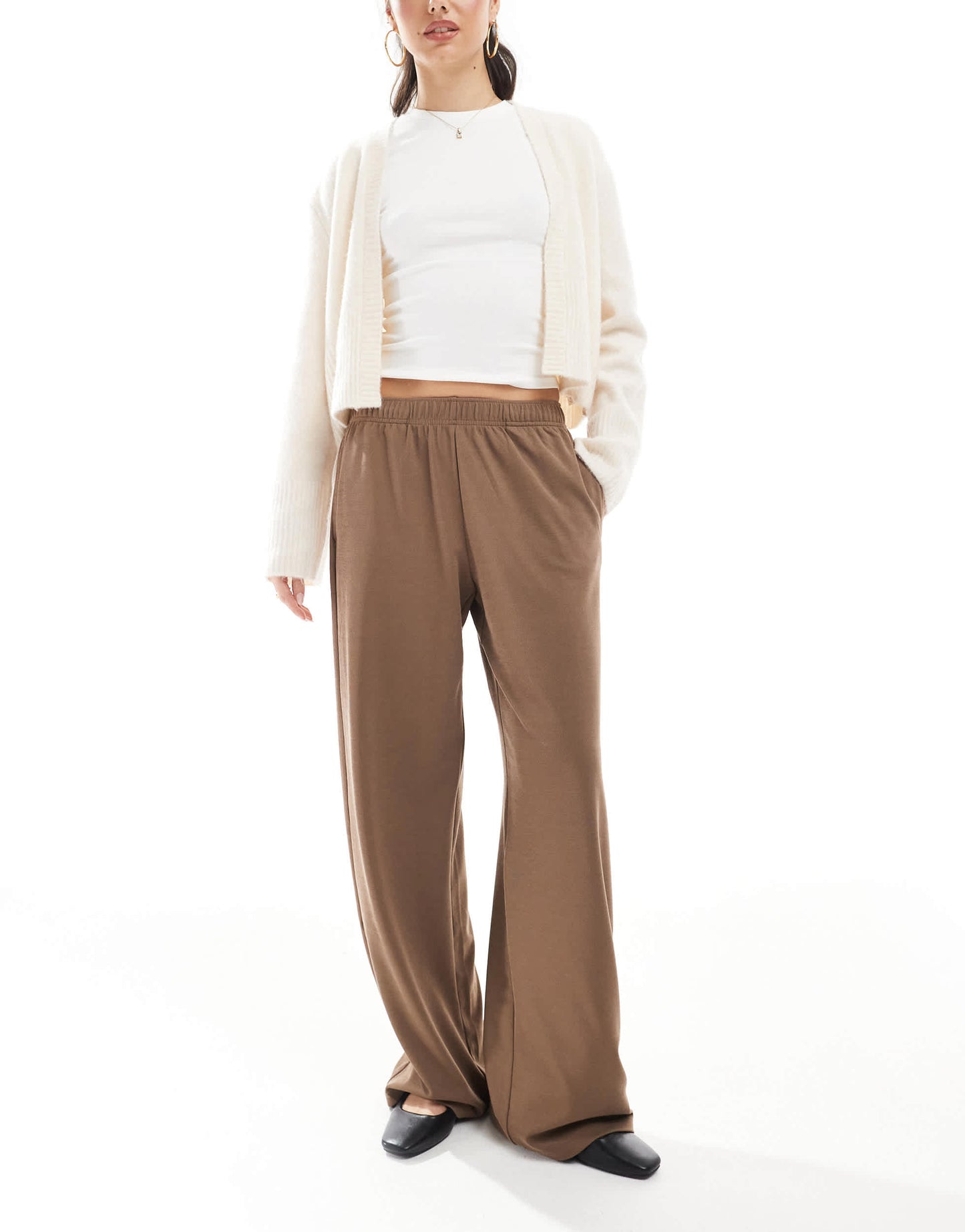 Bershka wide leg soft knit joggers in brown