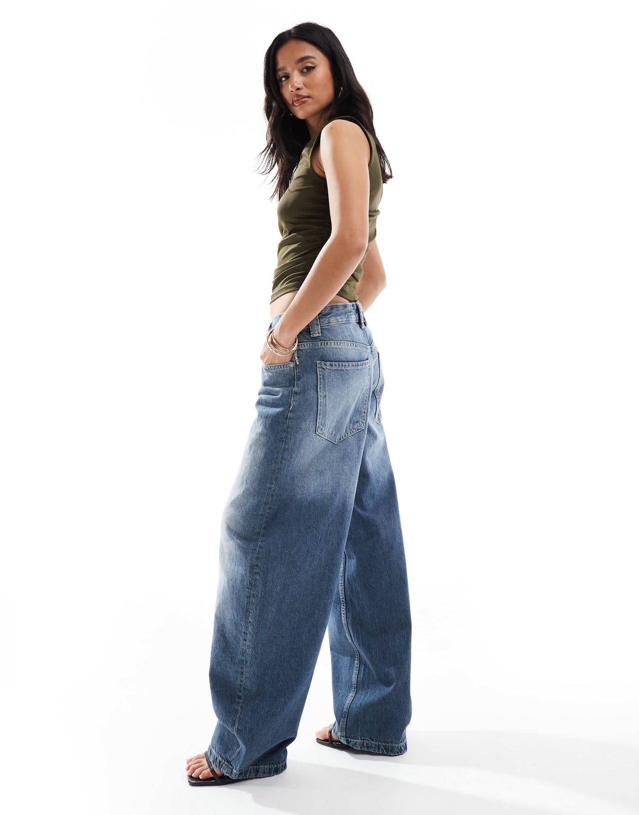 Bershka petite slouchy baggy jeans in indigo wash
