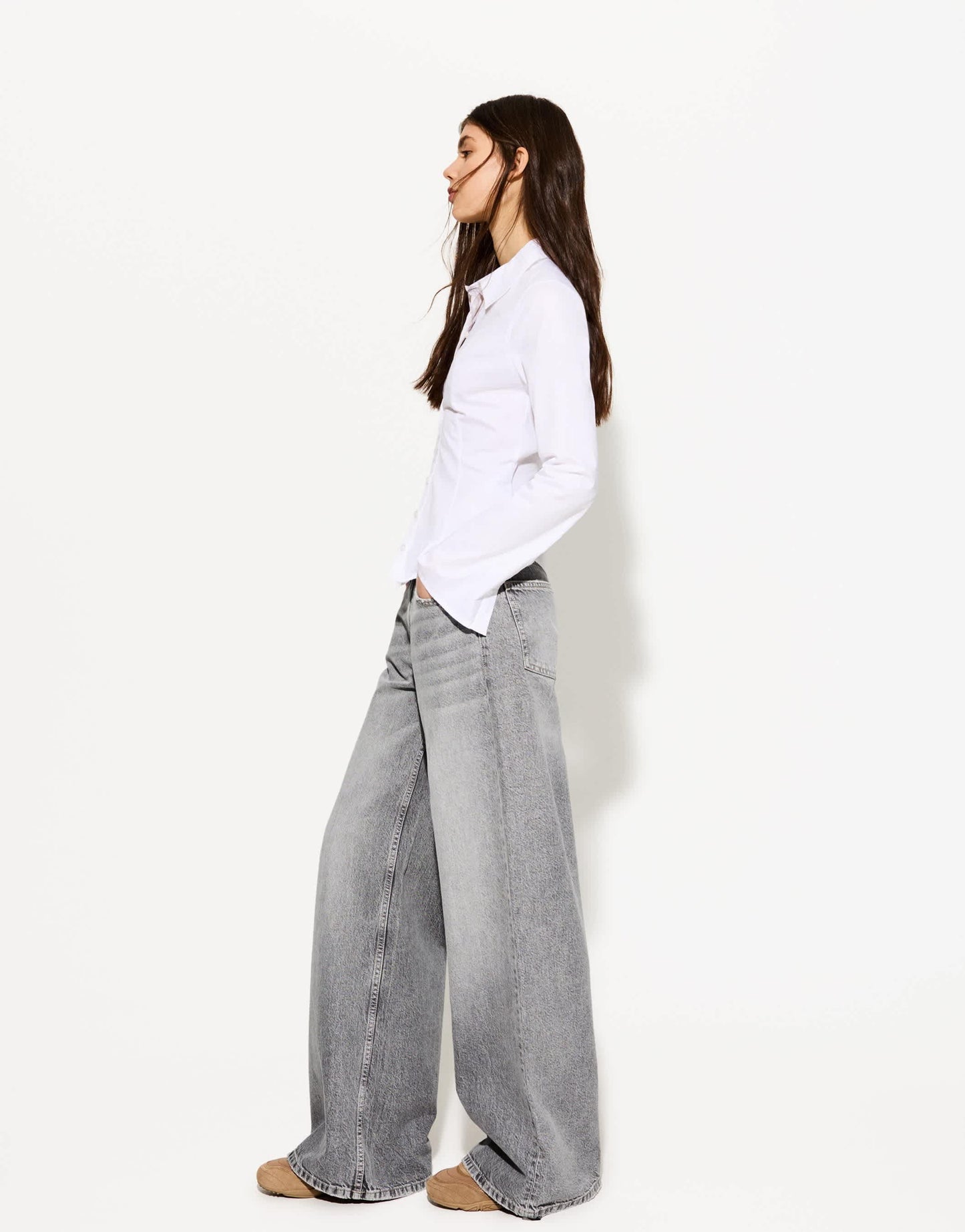 Bershka petite high waisted wide leg jeans in grey