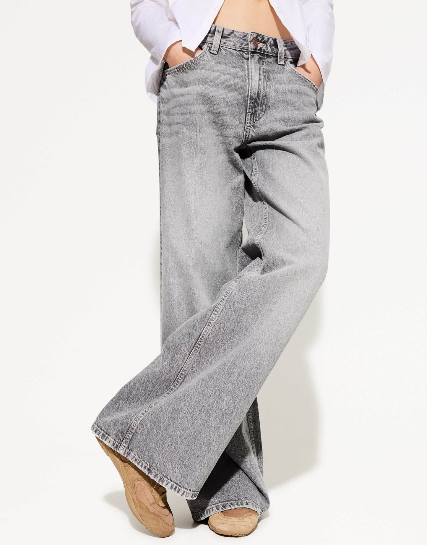 Bershka petite high waisted wide leg jeans in grey