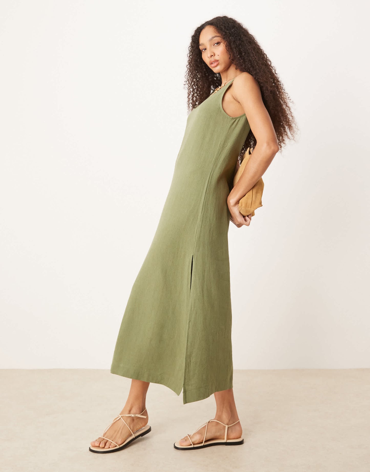ASOS DESIGN scoop neck midi sundress in linen in olive