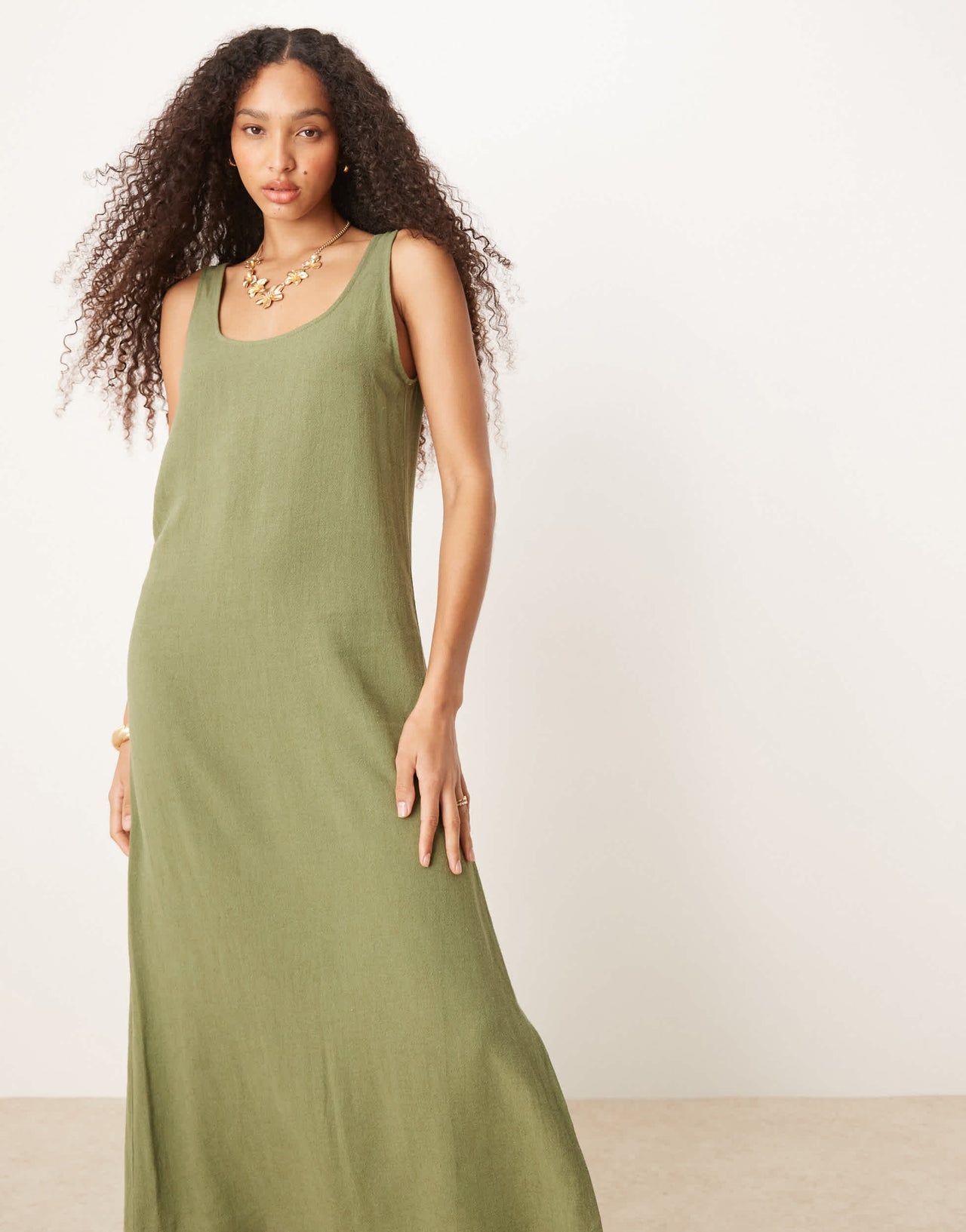 ASOS DESIGN scoop neck midi sundress in linen in olive