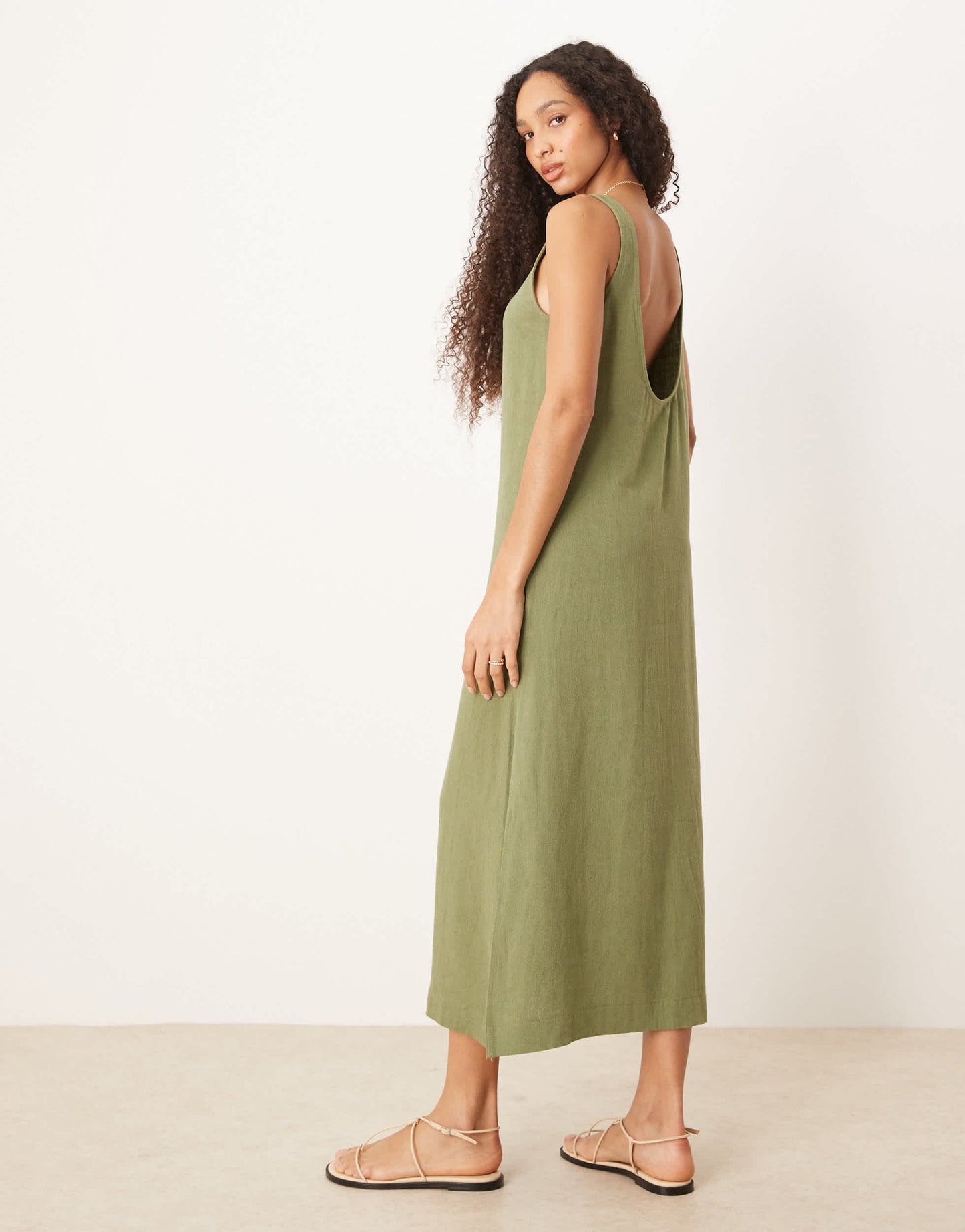 ASOS DESIGN scoop neck midi sundress in linen in olive