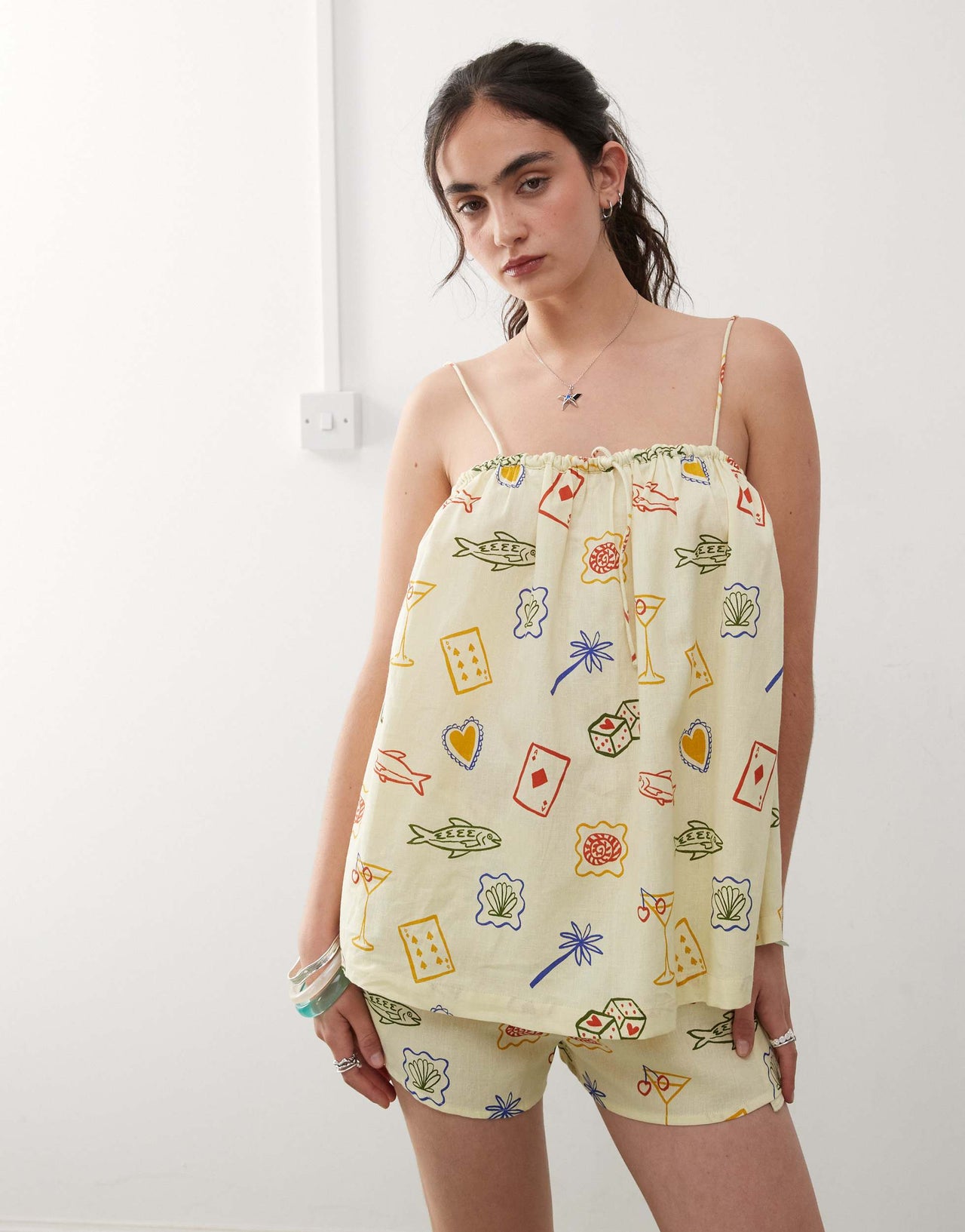 Reclaimed Vintage beach smock trapeze top in yellow postcard print