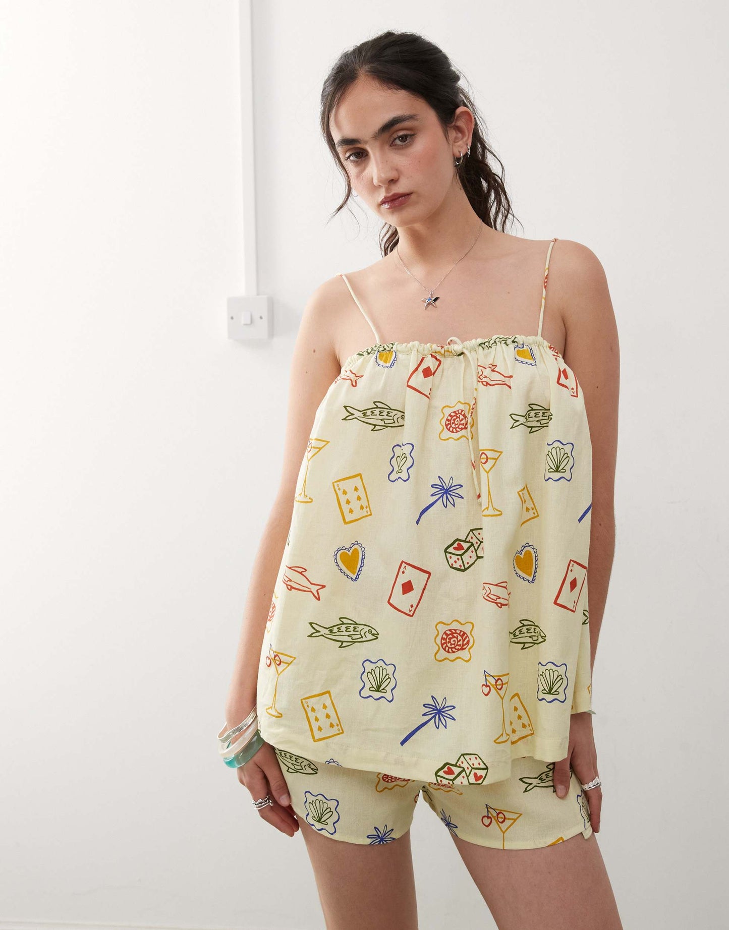 Reclaimed Vintage beach smock trapeze top in yellow postcard print