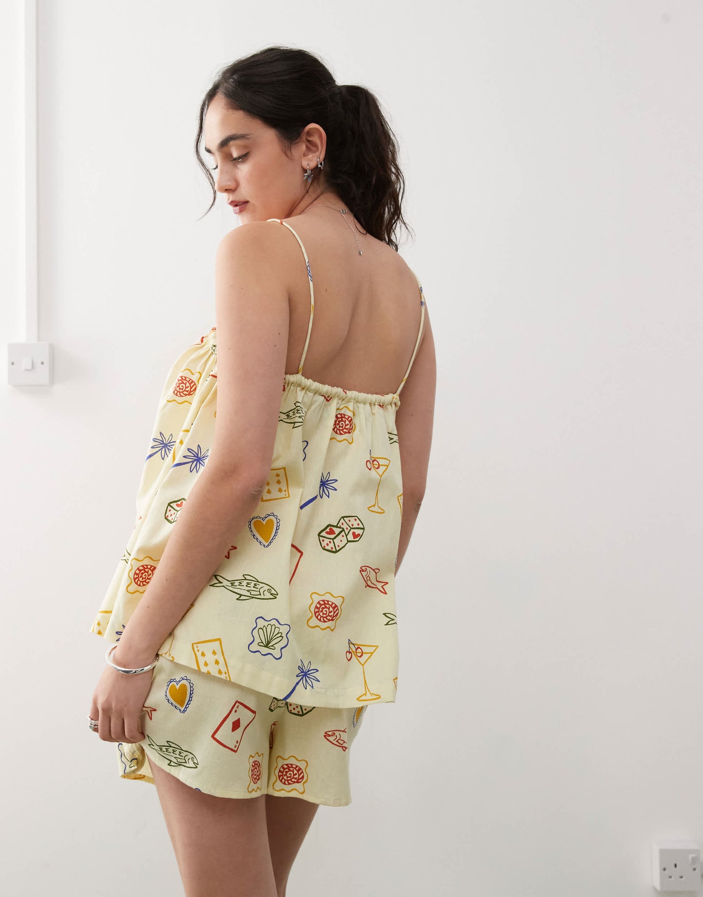 Reclaimed Vintage beach smock trapeze top in yellow postcard print