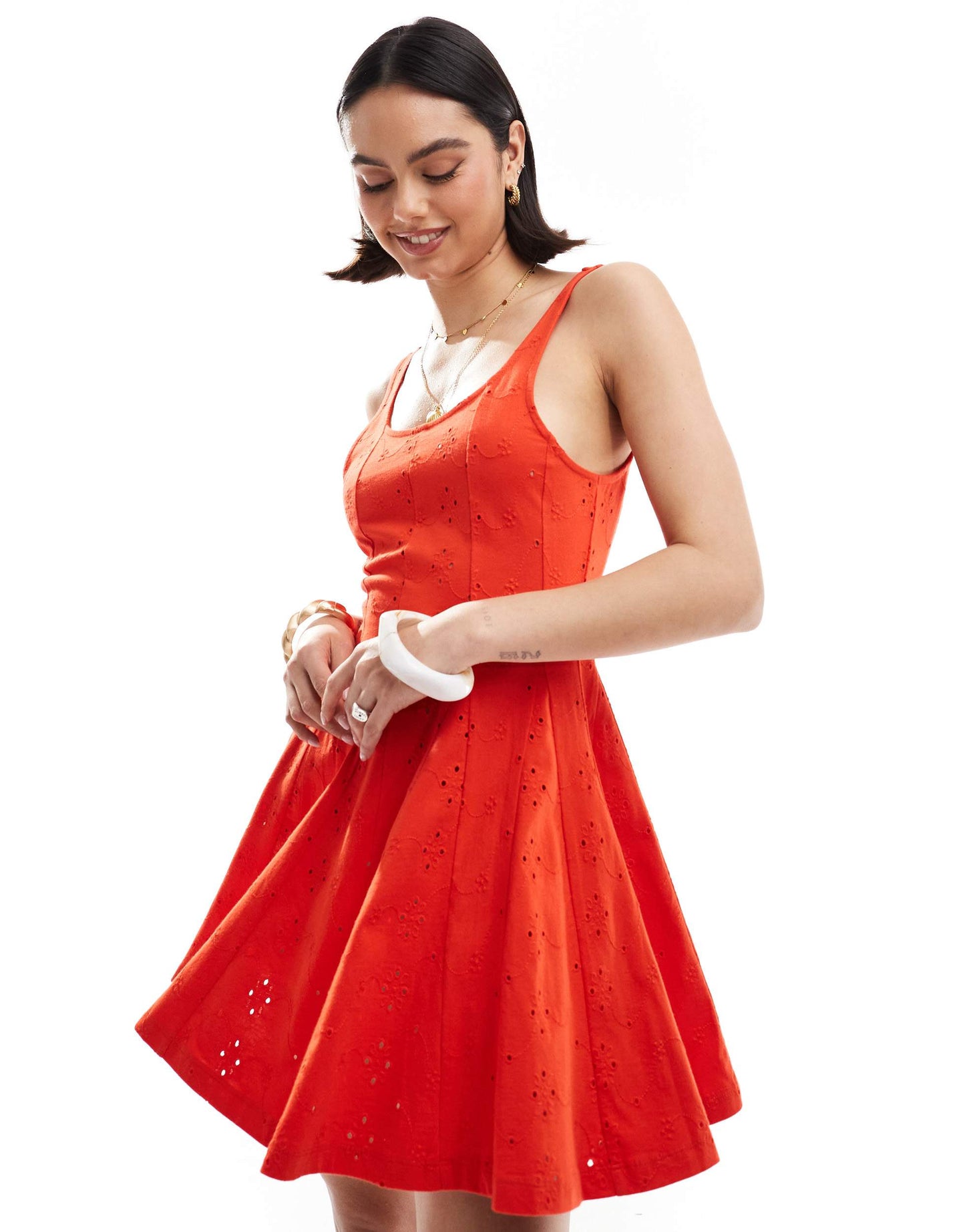 ASOS DESIGN broderie square neck godet mini dress in red