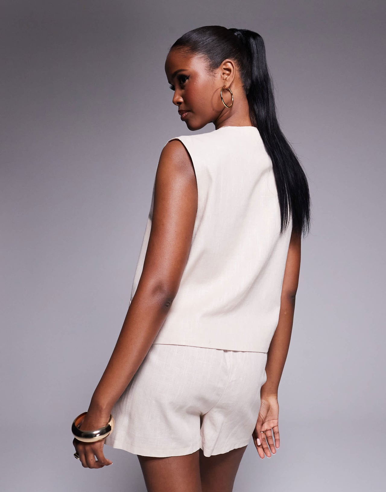 Kaiia exclusive linen look button through oversized waistcoat top co-ord in stone