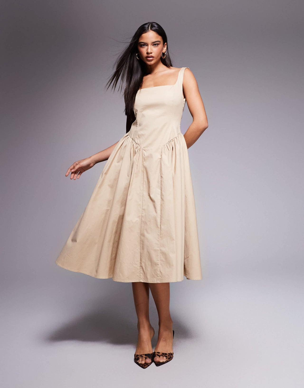Kaiia exclusive cotton rich square neck gathered hip detail midi dress in beige