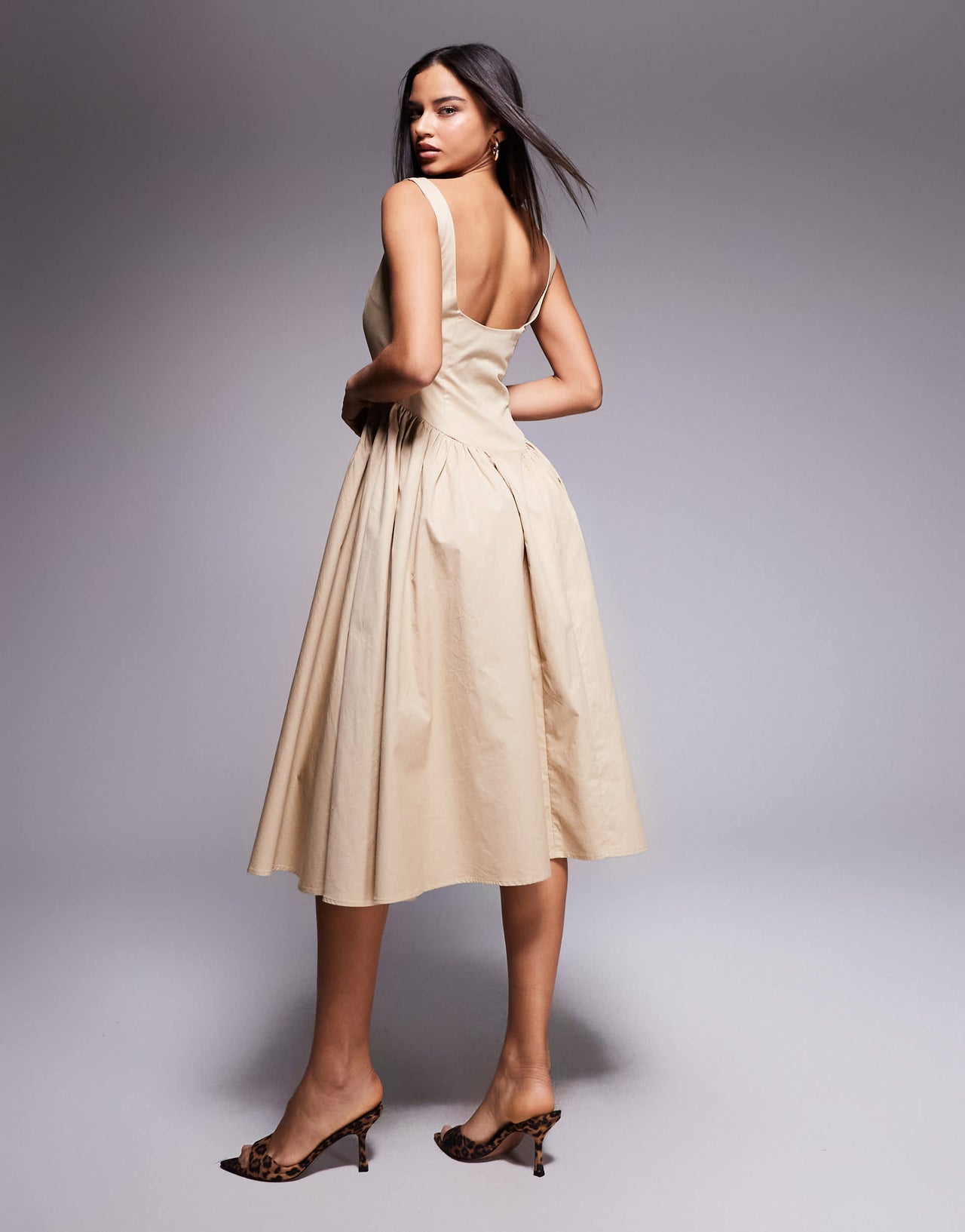 Kaiia exclusive cotton rich square neck gathered hip detail midi dress in beige