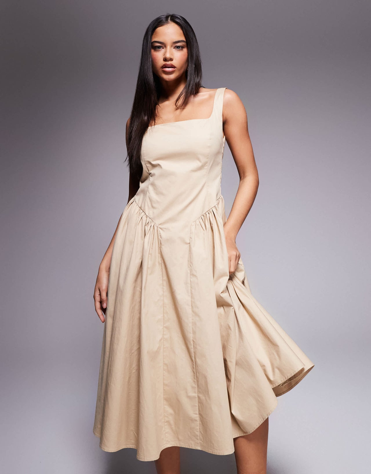 Kaiia exclusive cotton rich square neck gathered hip detail midi dress in beige