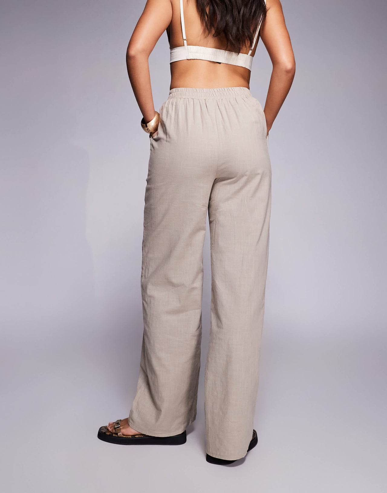 Kaiia exclusive tailored linen wide leg trousers with elasticated waist co-ord in coffee
