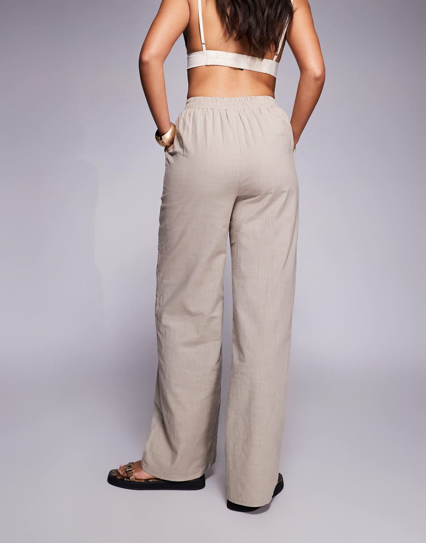 Kaiia exclusive tailored linen wide leg trousers with elasticated waist co-ord in coffee