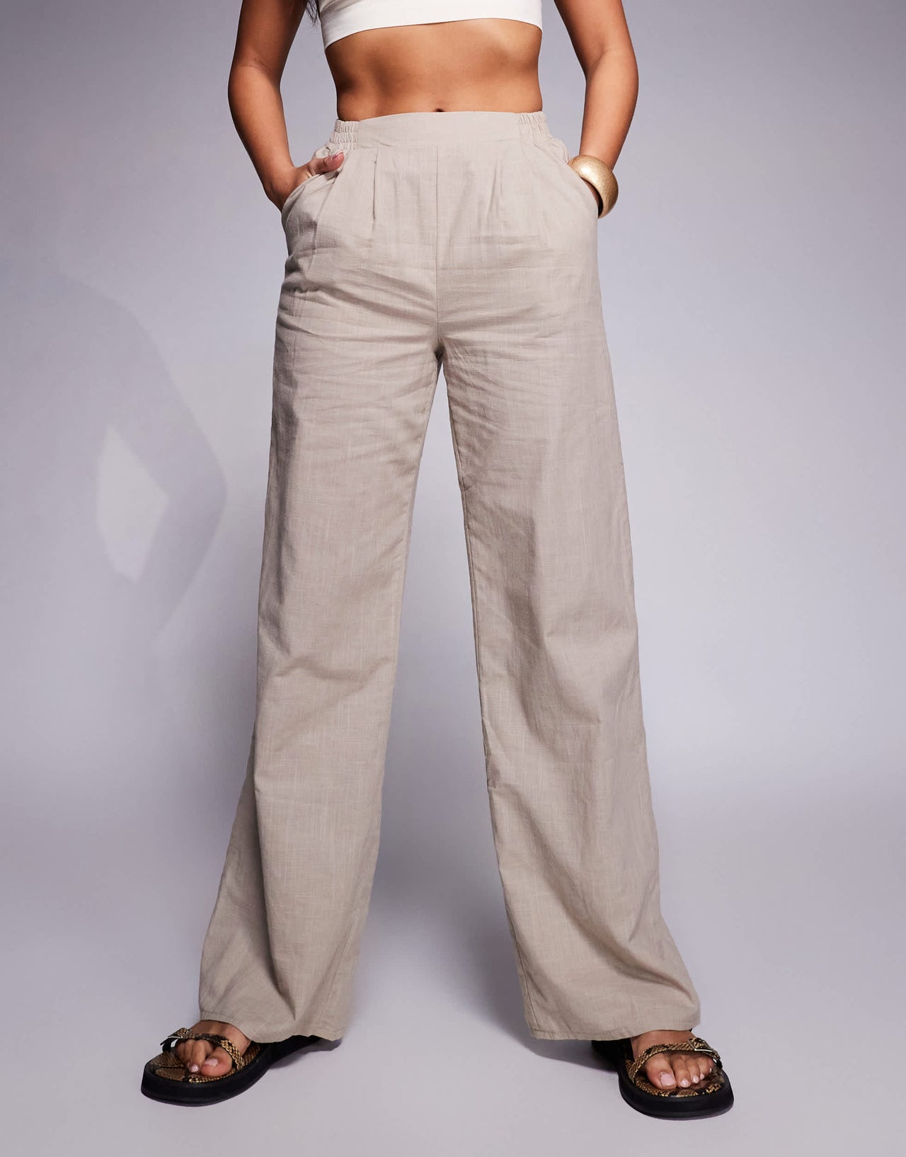 Kaiia exclusive tailored linen wide leg trousers with elasticated waist co-ord in coffee