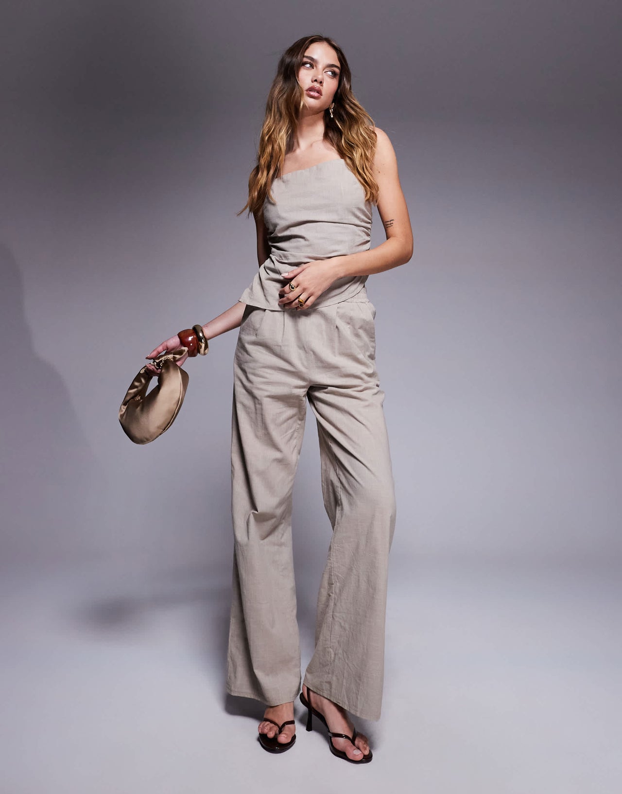 Kaiia exclusive linen blend look halter square neck ruched detail top co-ord in coffee