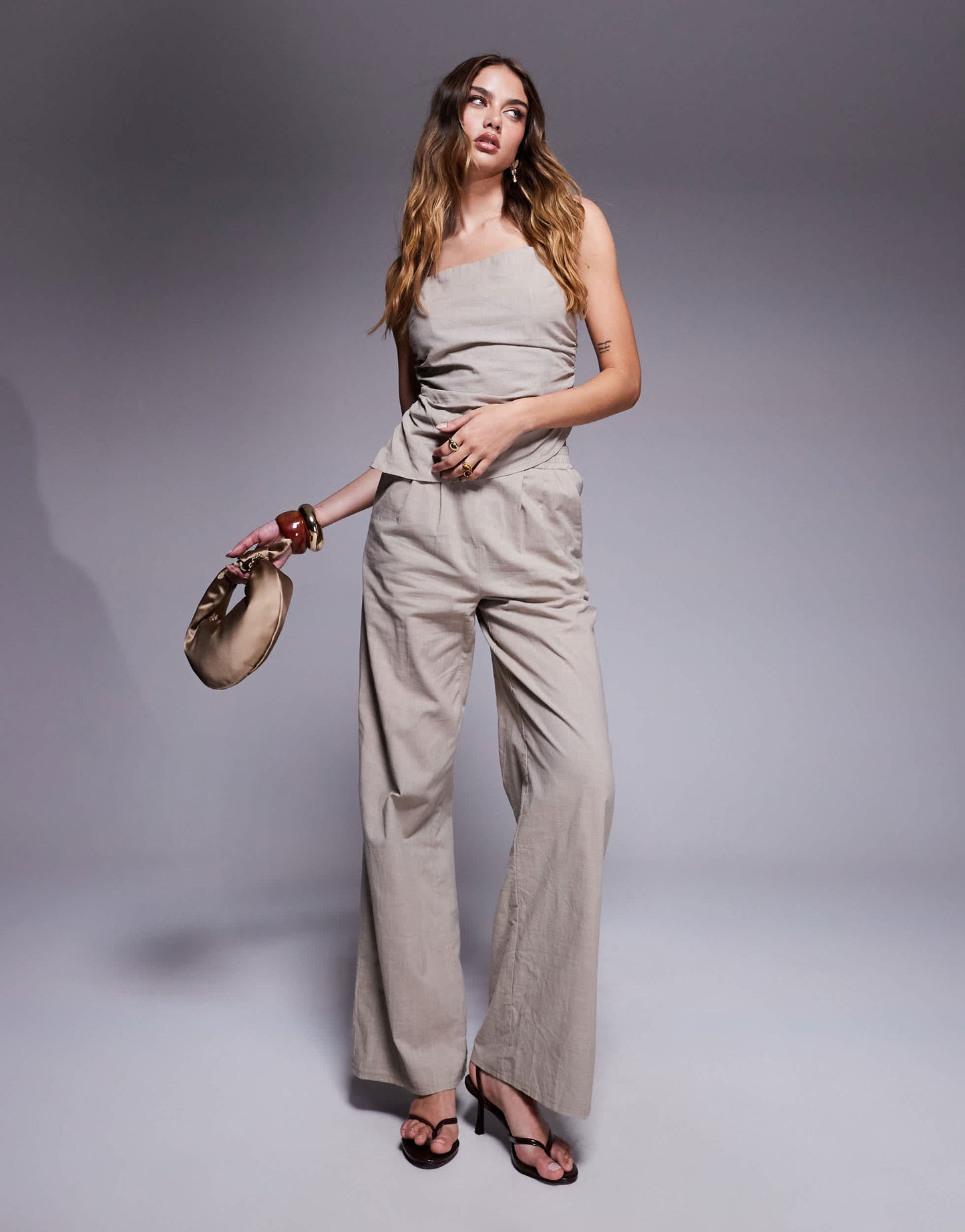 Kaiia exclusive linen blend look halter square neck ruched detail top co-ord in coffee