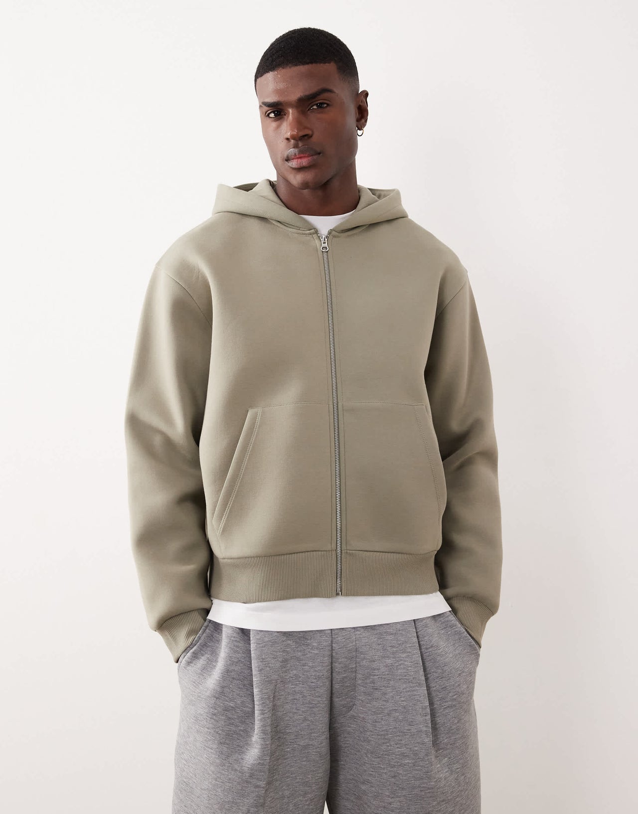 ASOS DESIGN heavyweight relaxed boxy zip through hoodie in scuba-style fabric in khaki - KHAKI