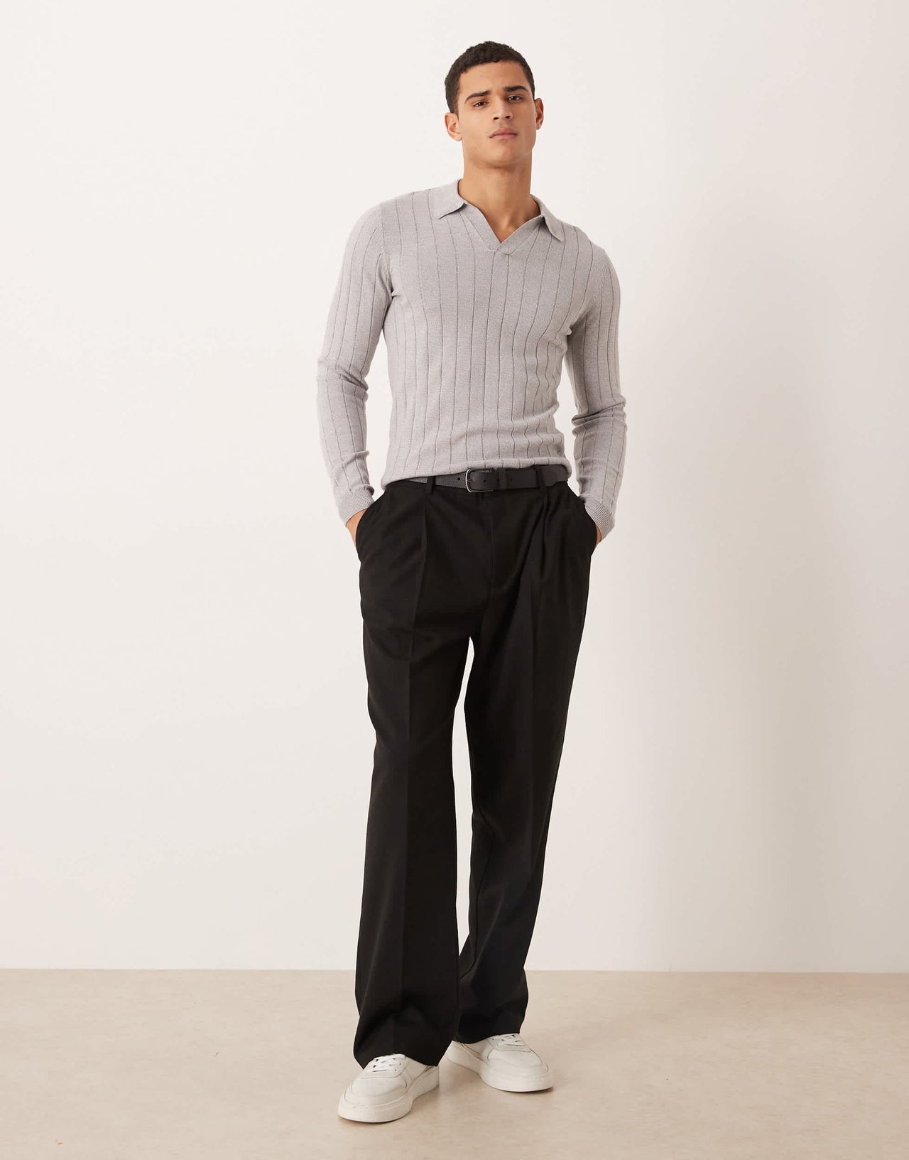 ASOS DESIGN muscle fit long sleeve knitted rib notch neck polo in light grey marl