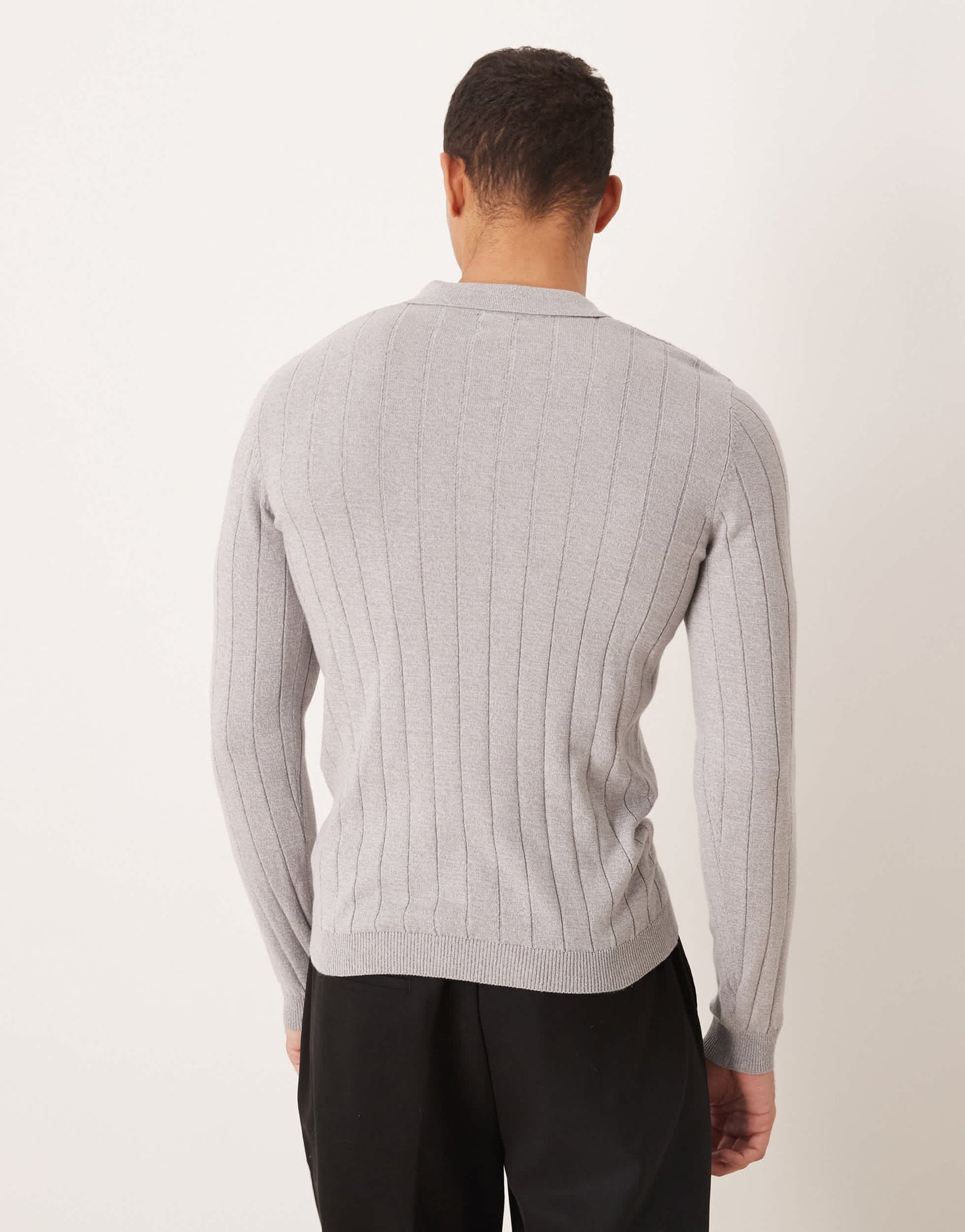 ASOS DESIGN muscle fit long sleeve knitted rib notch neck polo in light grey marl