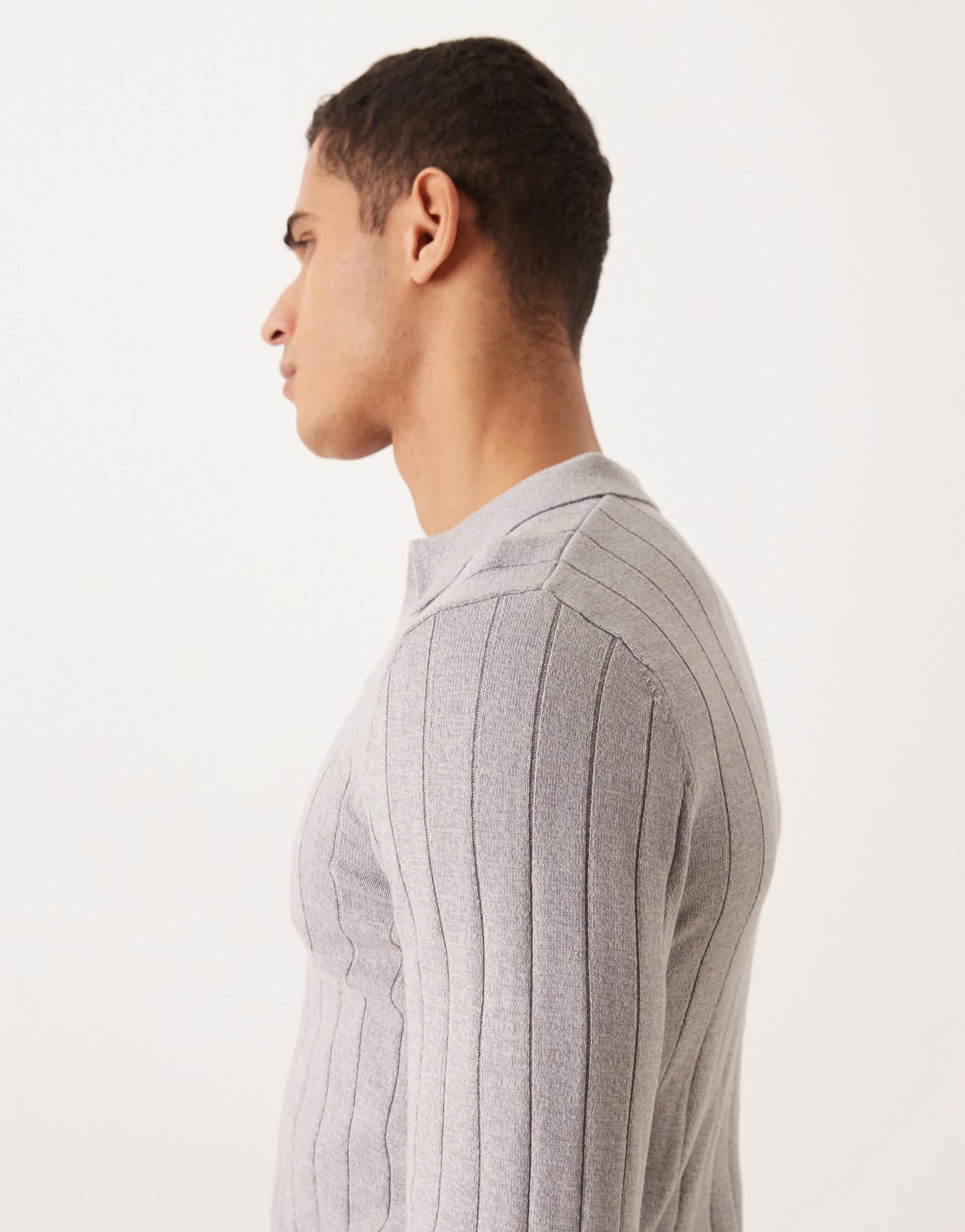 ASOS DESIGN muscle fit long sleeve knitted rib notch neck polo in light grey marl