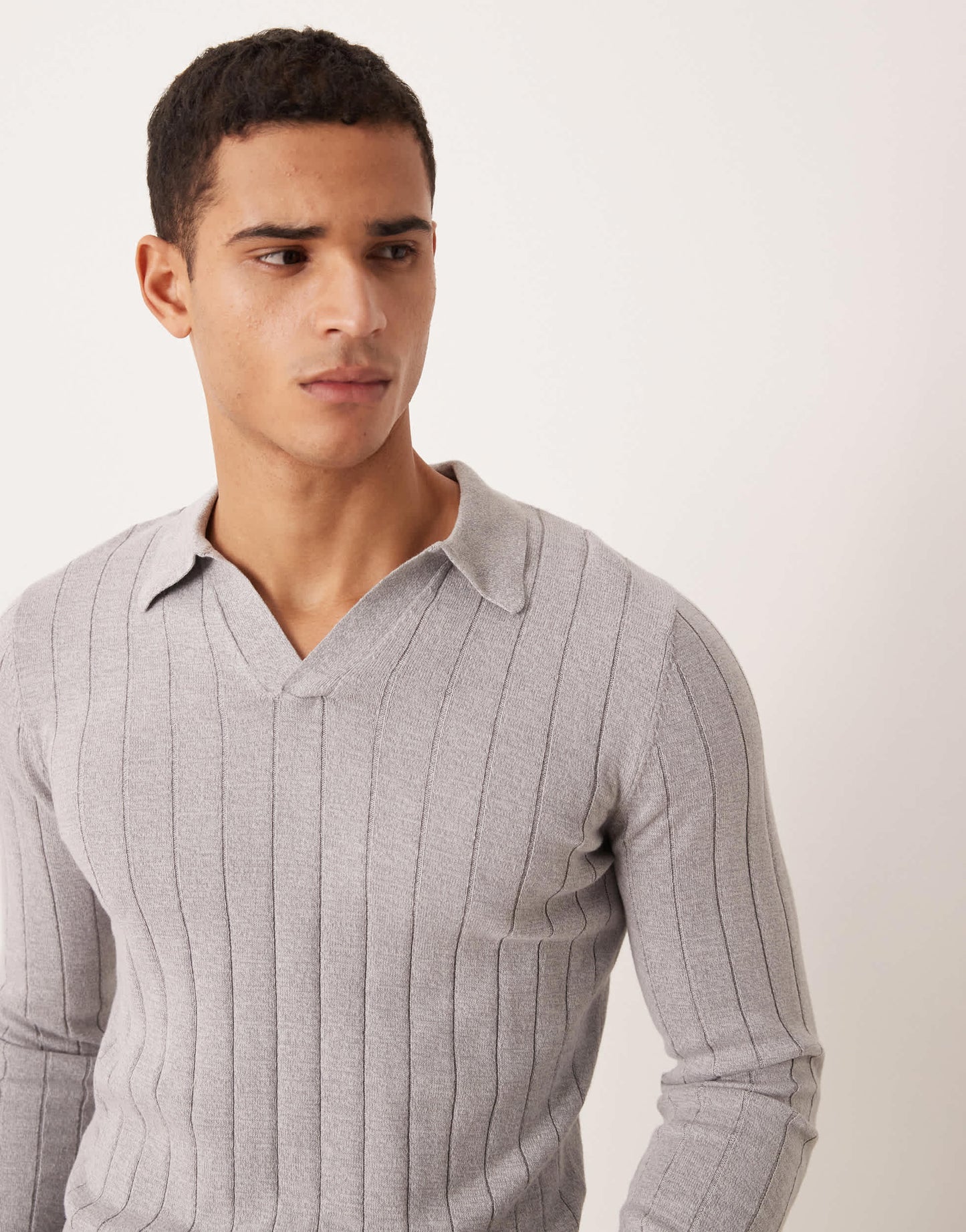 ASOS DESIGN muscle fit long sleeve knitted rib notch neck polo in light grey marl