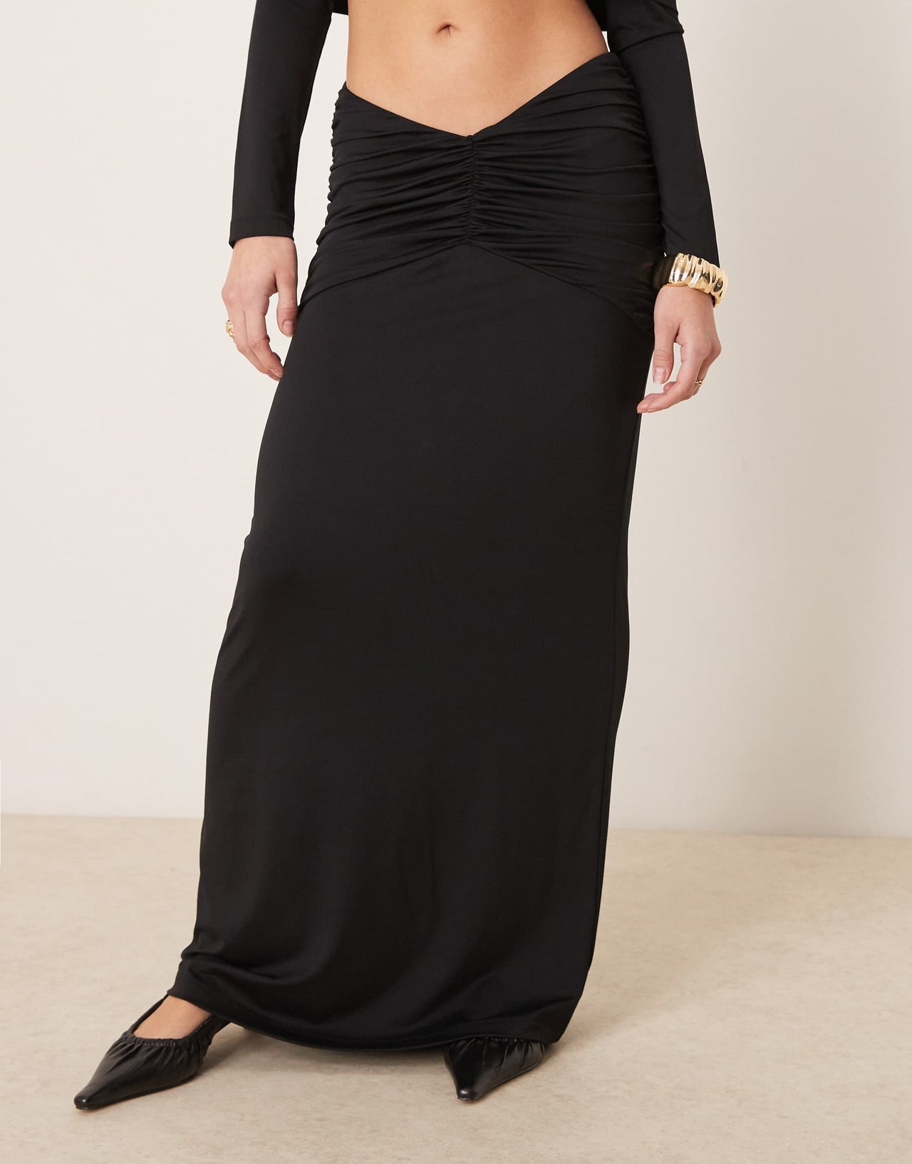 ASOS DESIGN ruched maxi skirt mesh co ord with gathered v waist in black