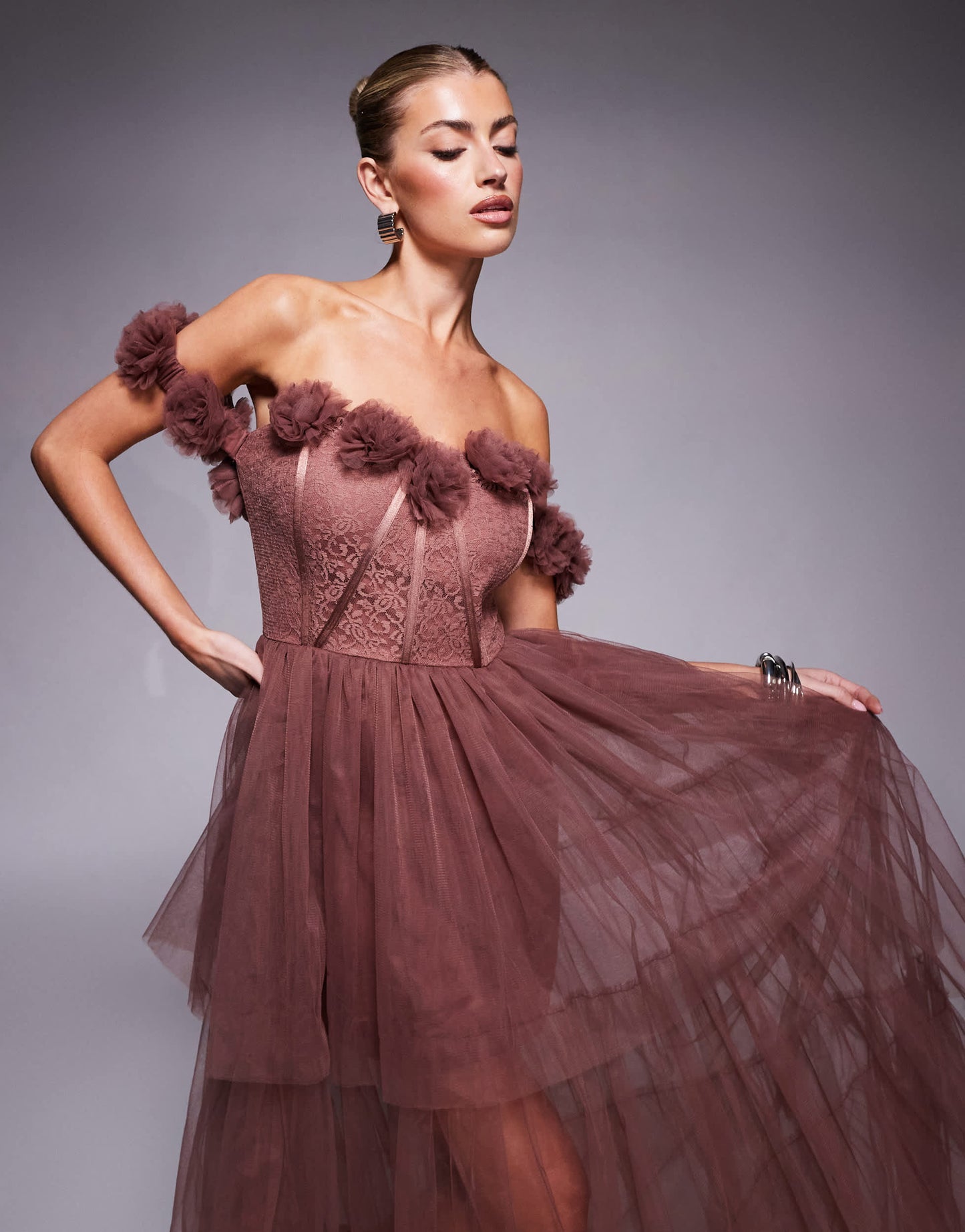 Lace & Beads rosette corset maxi dress in rose brown