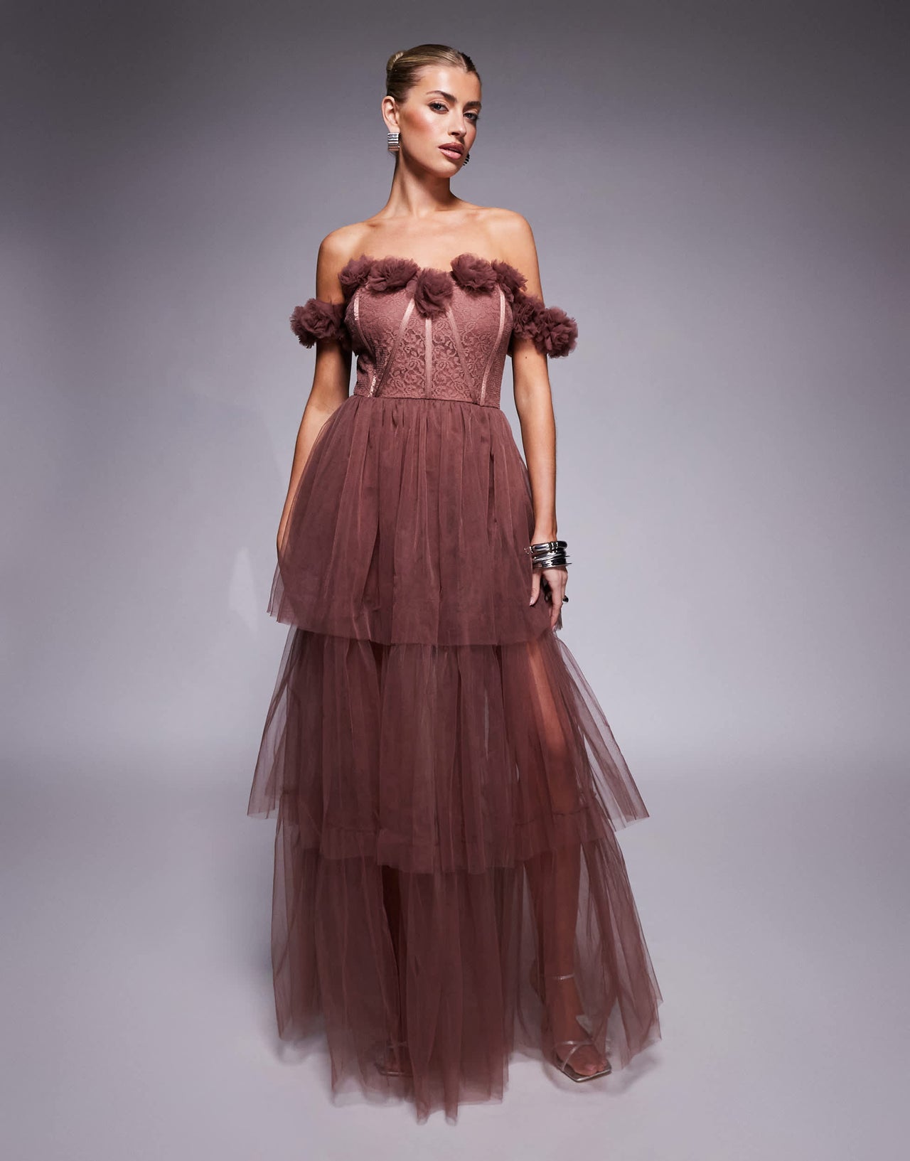 Lace & Beads rosette corset maxi dress in rose brown