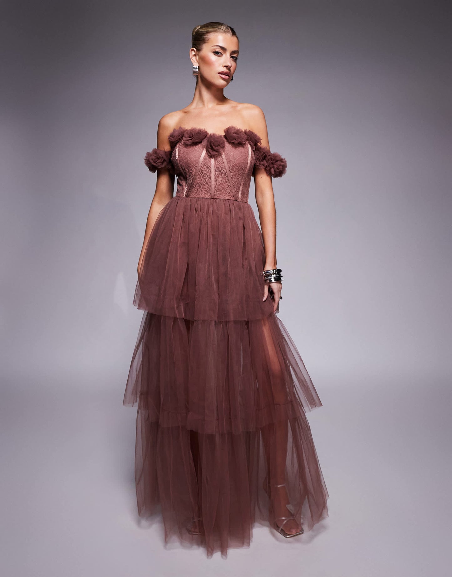 Lace & Beads rosette corset maxi dress in rose brown