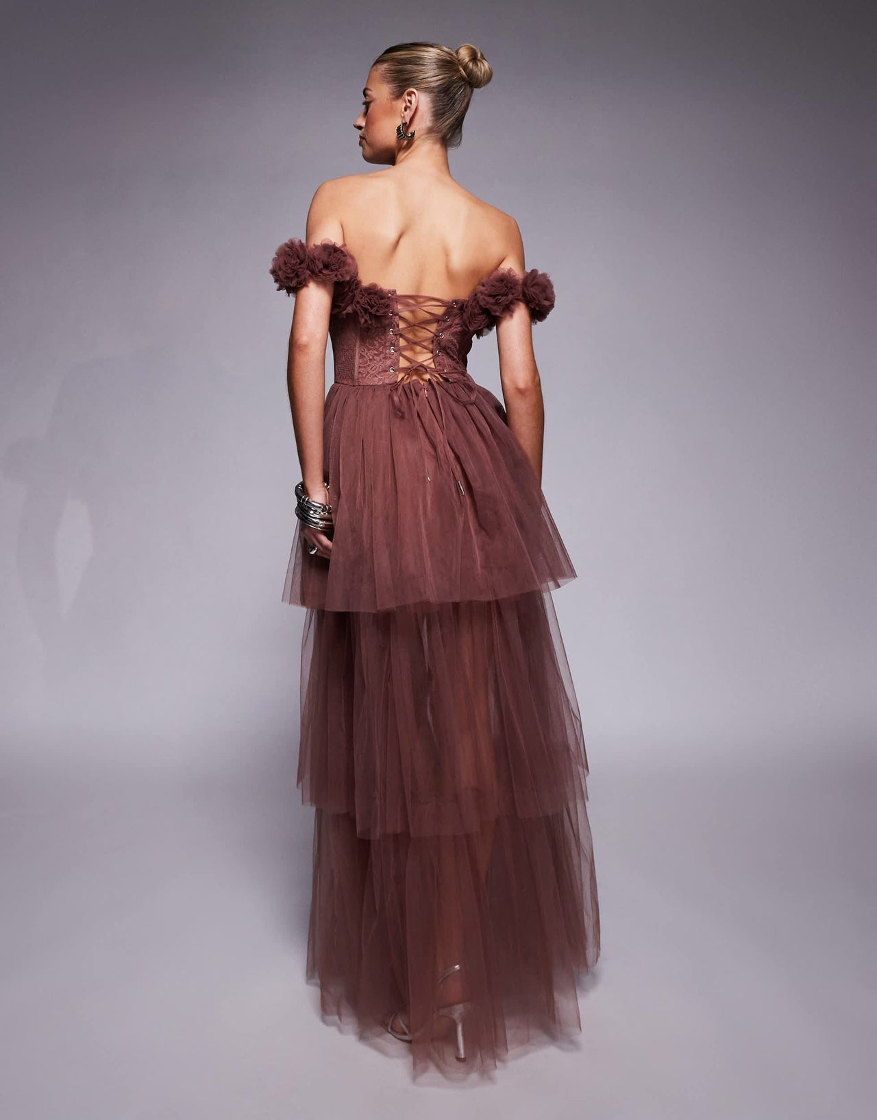 Lace & Beads rosette corset maxi dress in rose brown