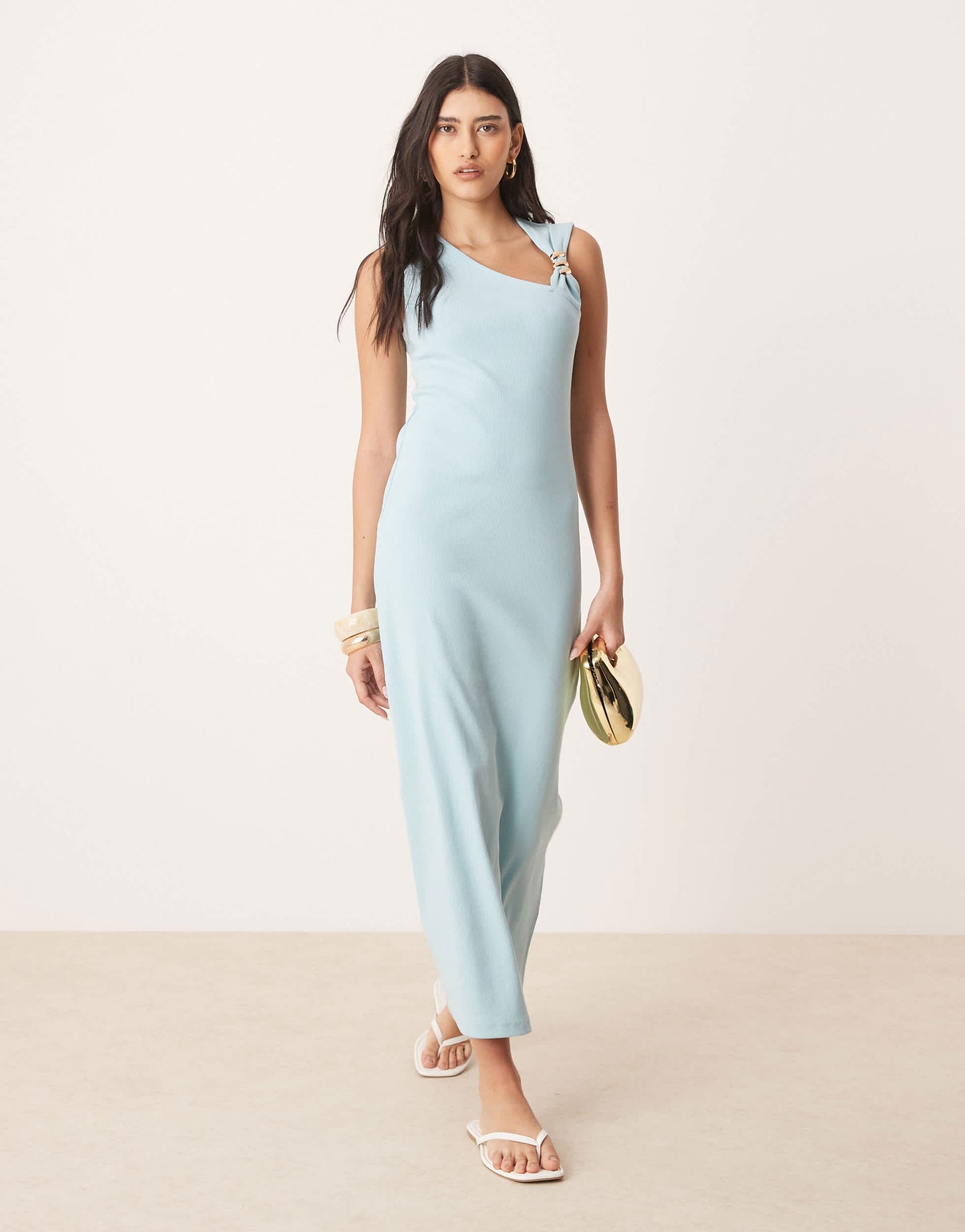 ASOS DESIGN rib knitted midi dress with hardware detail in blue