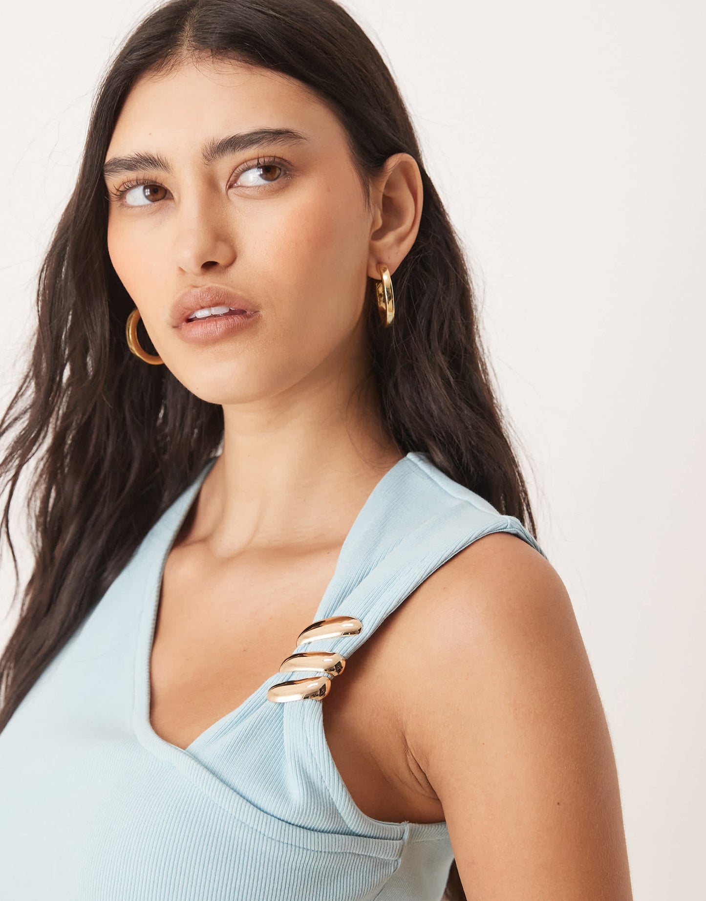 ASOS DESIGN rib knitted midi dress with hardware detail in blue