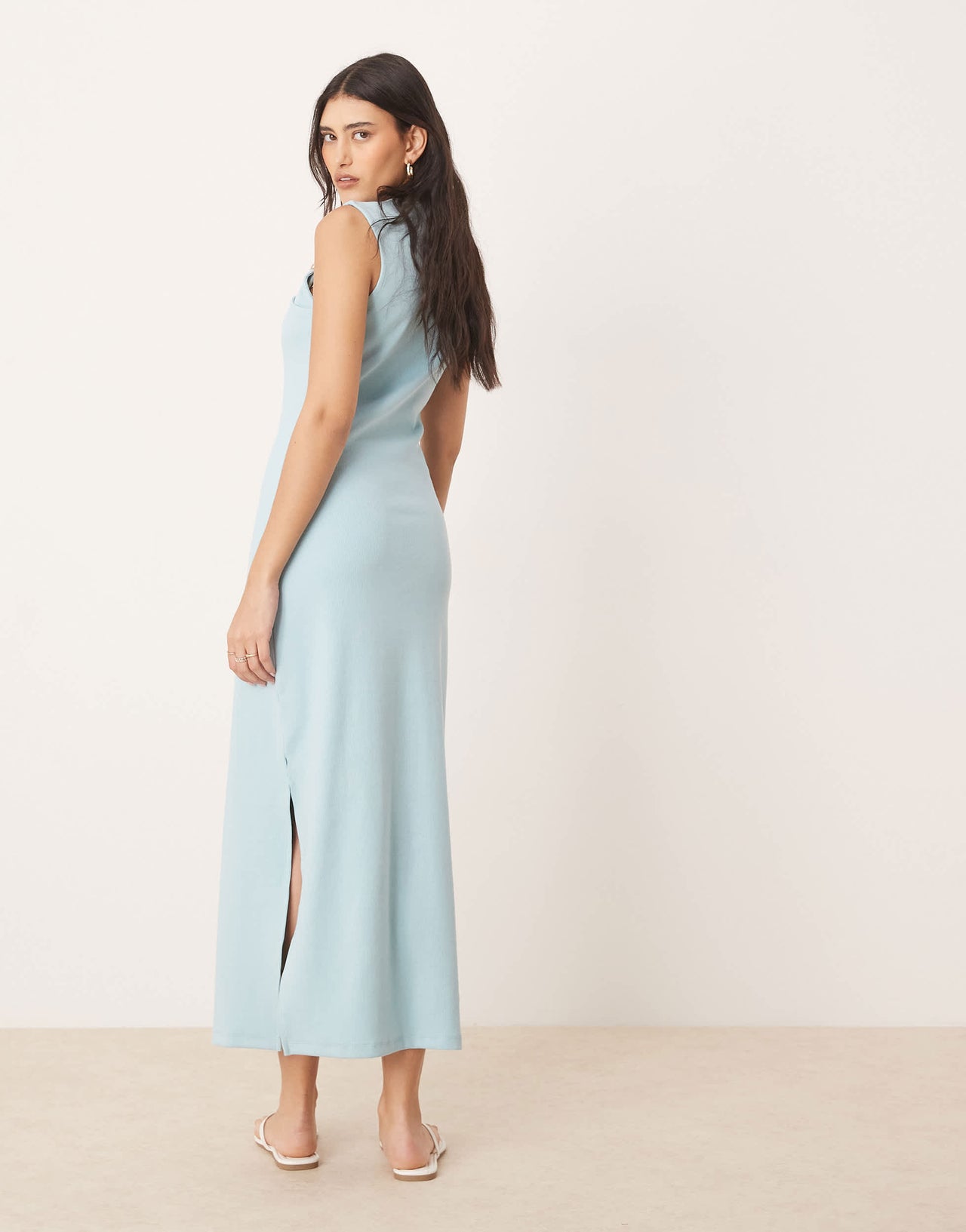 ASOS DESIGN rib knitted midi dress with hardware detail in blue