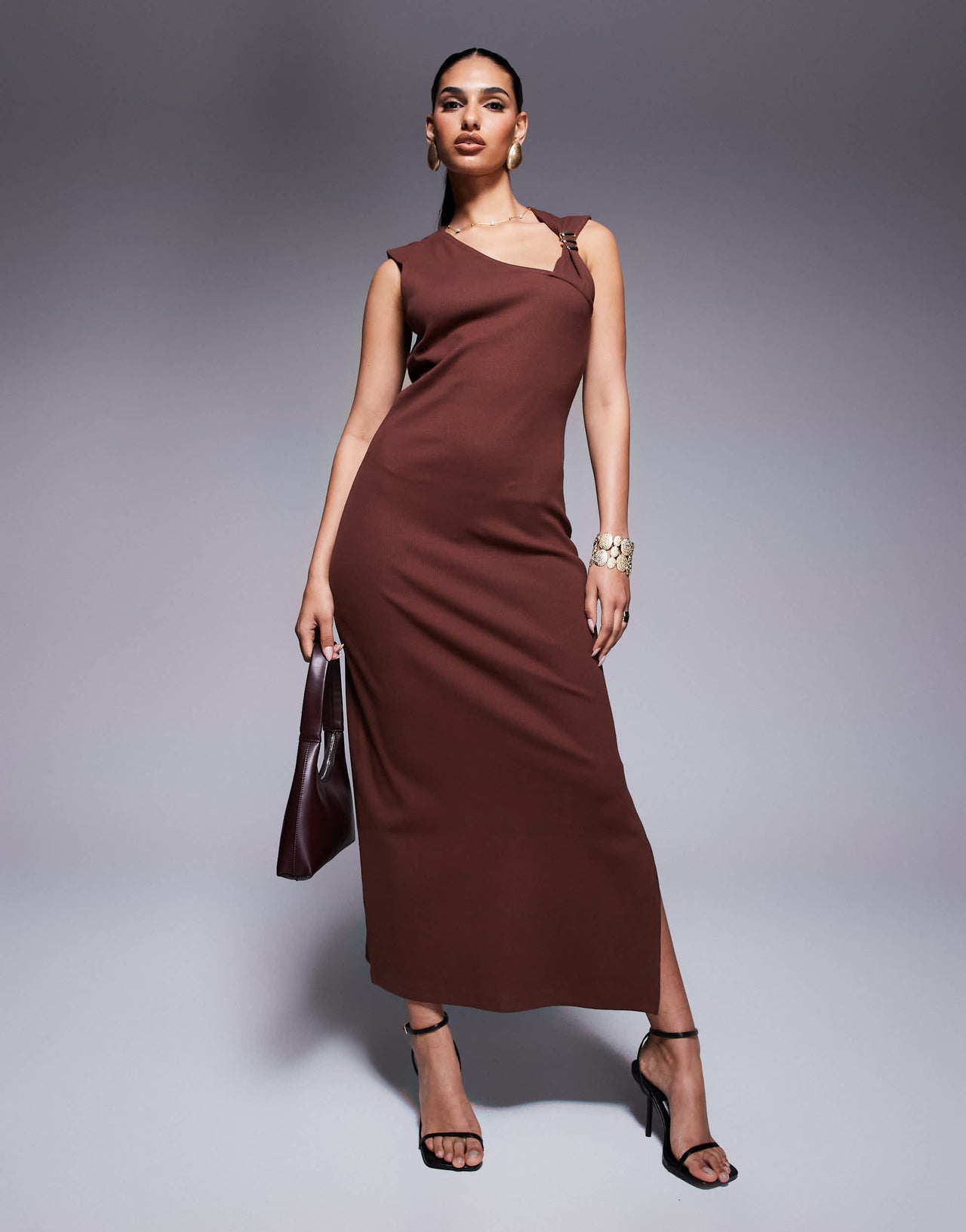 ASOS DESIGN rib knitted midi dress with hardware detail in chocolate