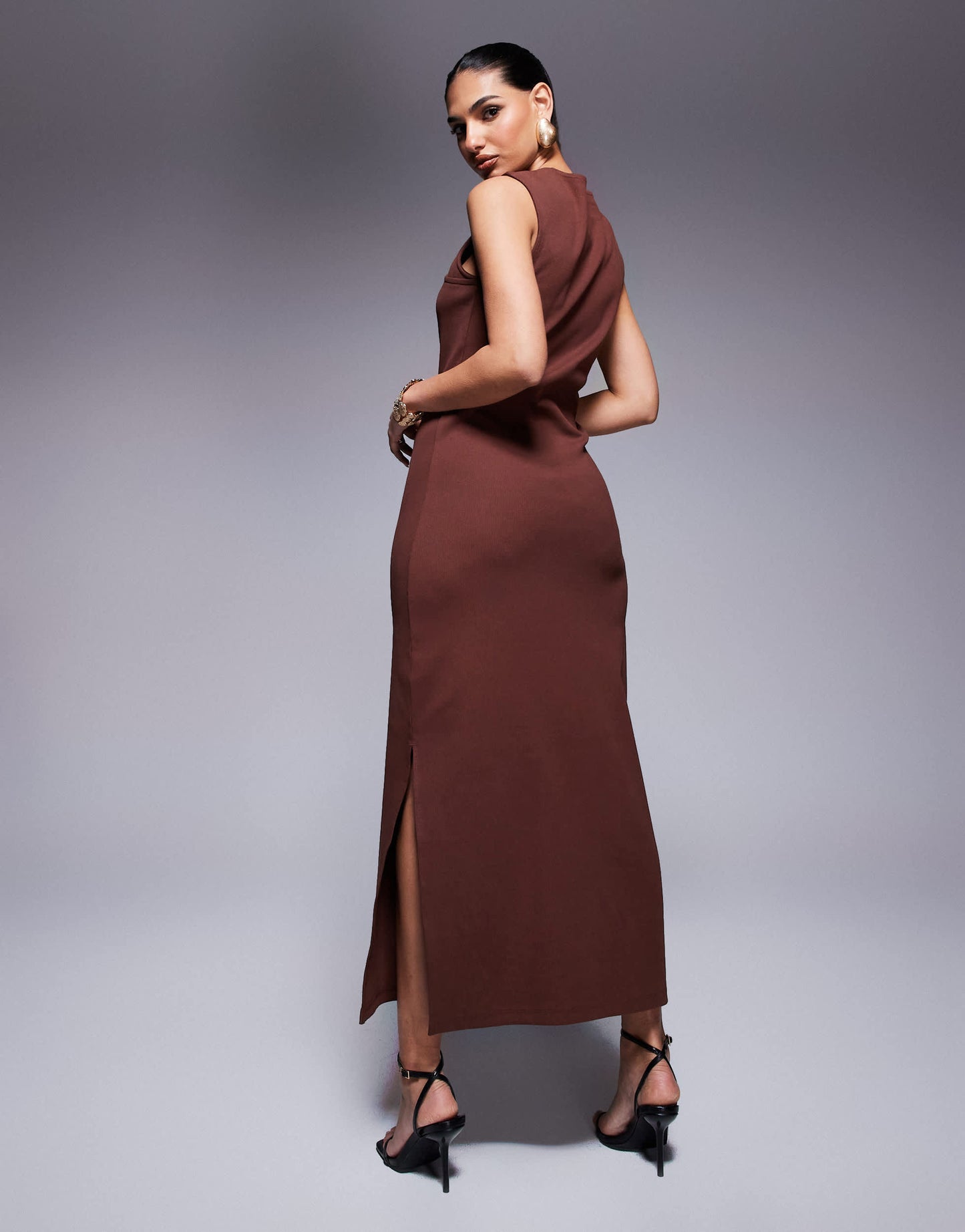 ASOS DESIGN rib knitted midi dress with hardware detail in chocolate
