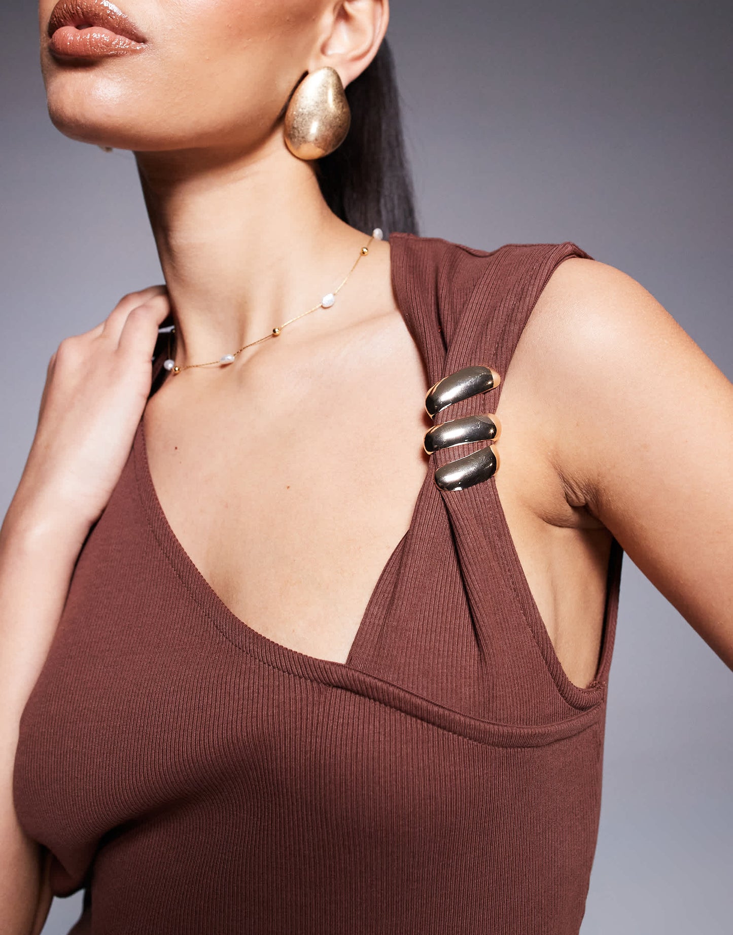 ASOS DESIGN rib knitted midi dress with hardware detail in chocolate