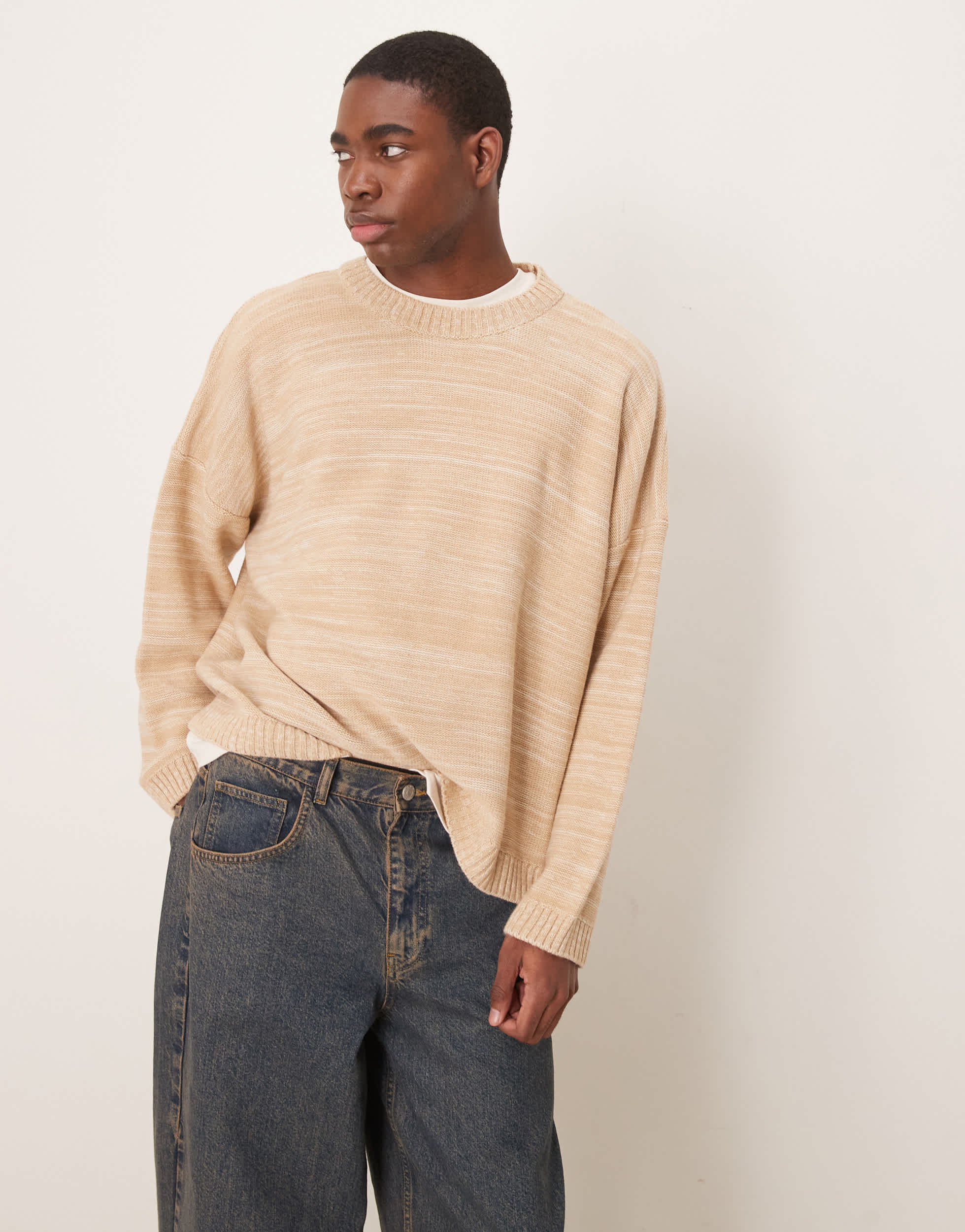 ASOS DESIGN super oversized boxy fit knitted crew neck jumper in oatmeal marl