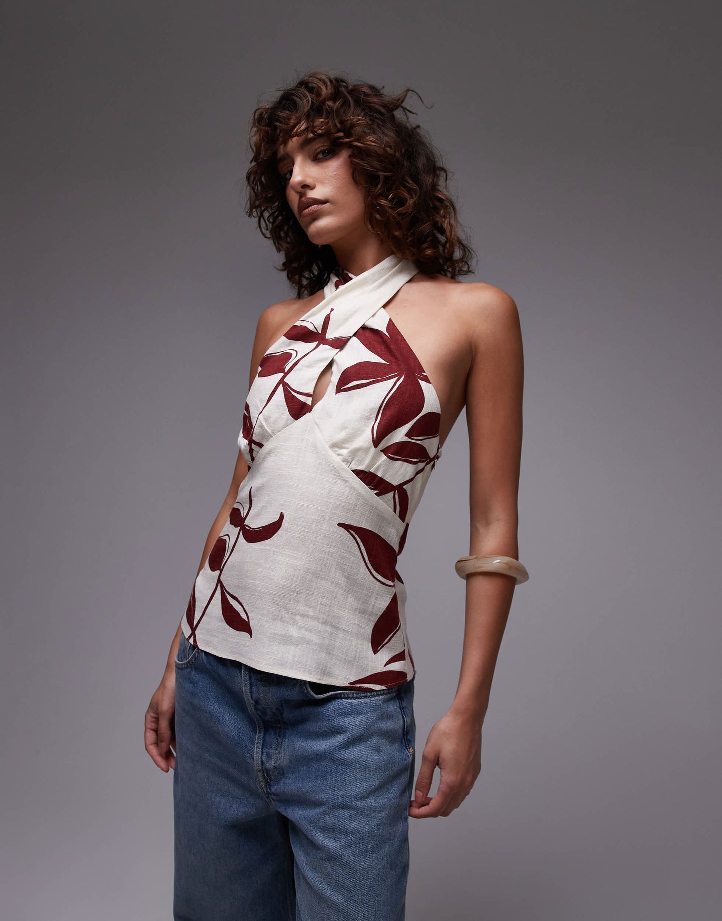 Topshop linen halter top in leaf print