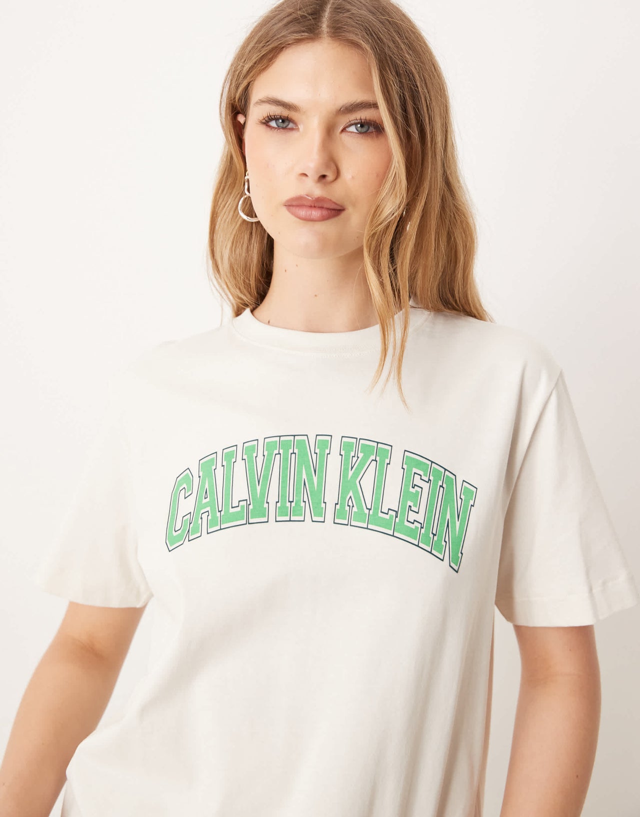 Calvin Klein varsity logo t-shirt in ecru and mint green