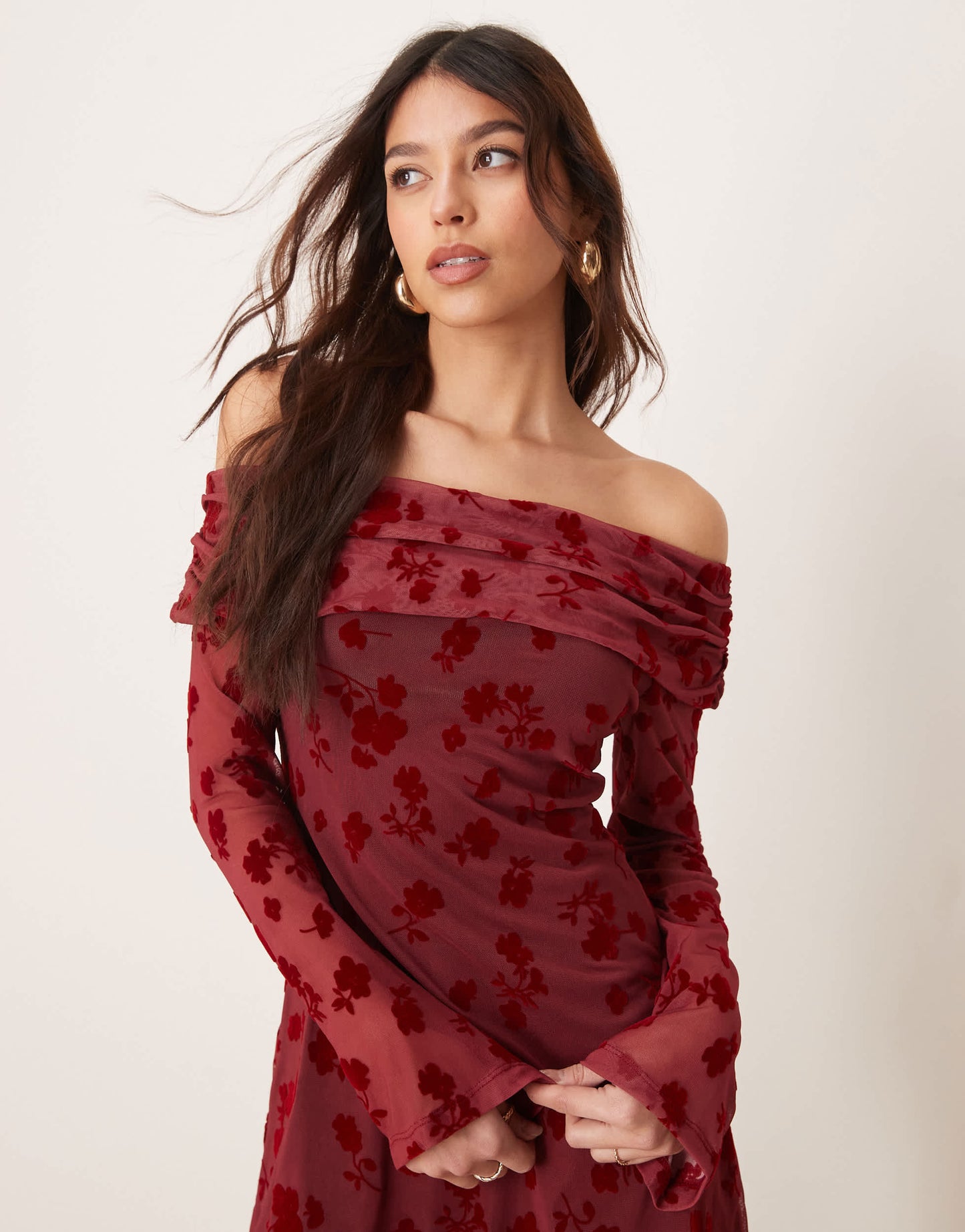 ASOS DESIGN fold over flocked mesh asymmetric mini dress in red