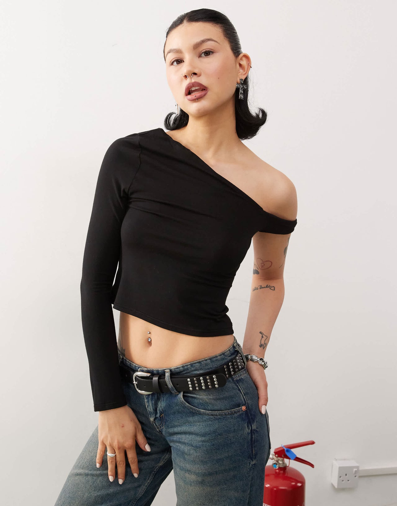 COLLUSION twist shoulder long sleeve top in black