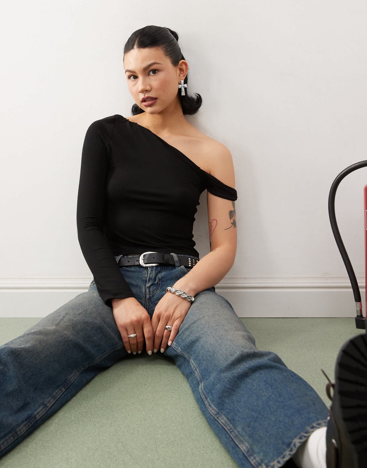 COLLUSION twist shoulder long sleeve top in black