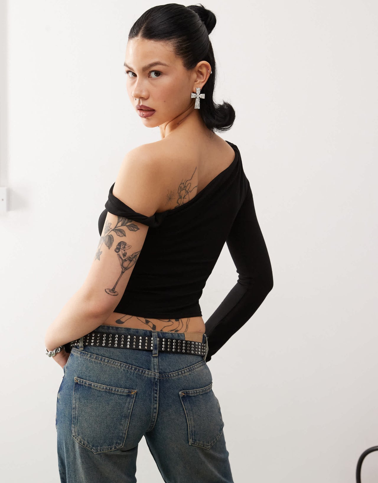 COLLUSION twist shoulder long sleeve top in black