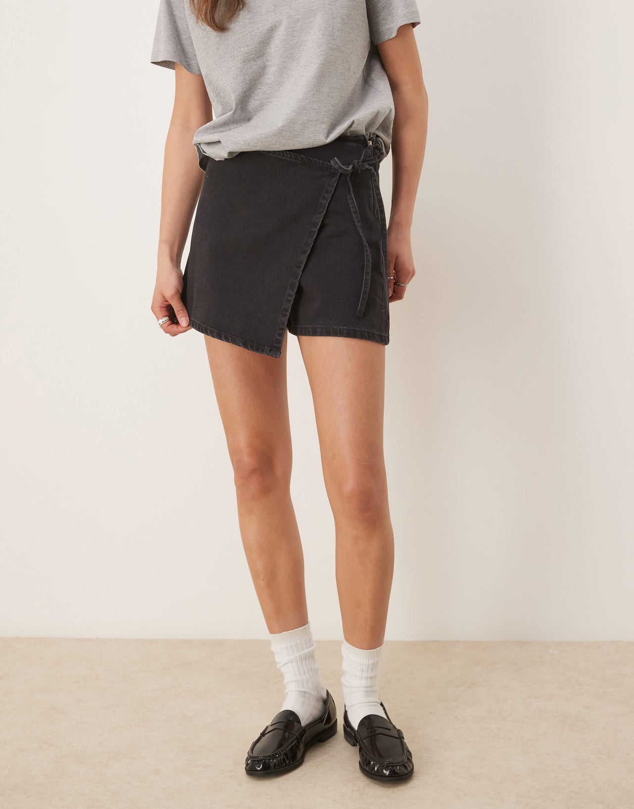 ASOS DESIGN denim wrap skort in black