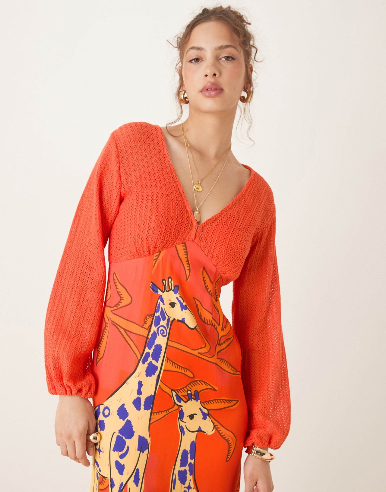 Never Fully Dressed contrast balloon sleeve midaxi dress in orange giraffe print