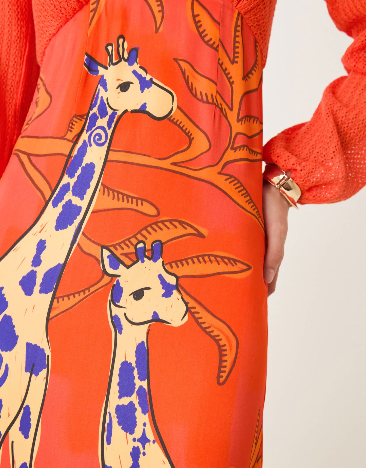 Never Fully Dressed contrast balloon sleeve midaxi dress in orange giraffe print
