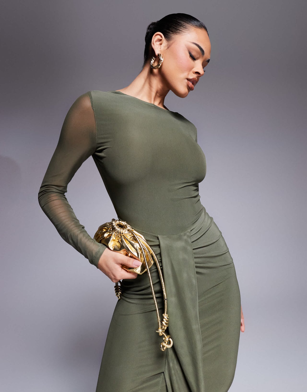 ASOS DESIGN mesh long sleeve slash neck open back maxi dress with sash in khaki